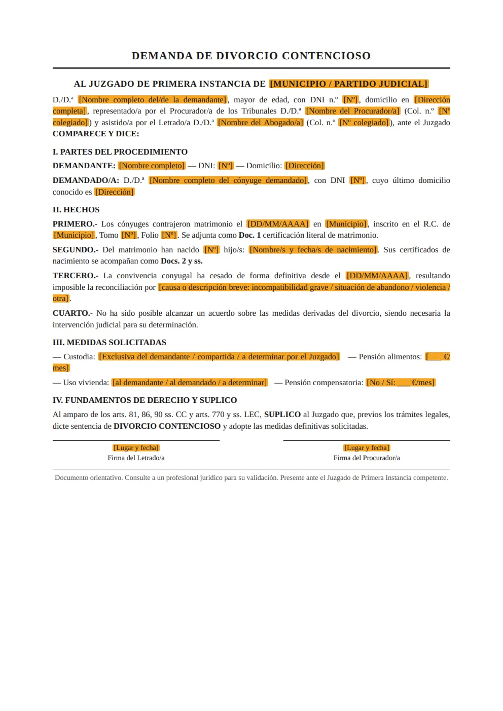 Modelo demanda divorcio contencioso sin acuerdo estilo clásico judicial suplico art 770 LEC PDF