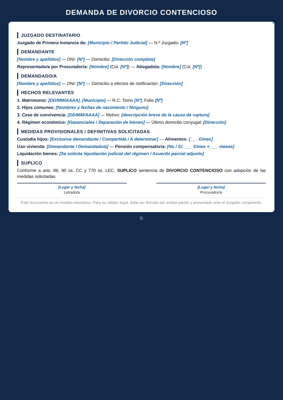 Formulario divorcio contencioso sin acuerdo demanda medidas definitivas estilo moderno PDF