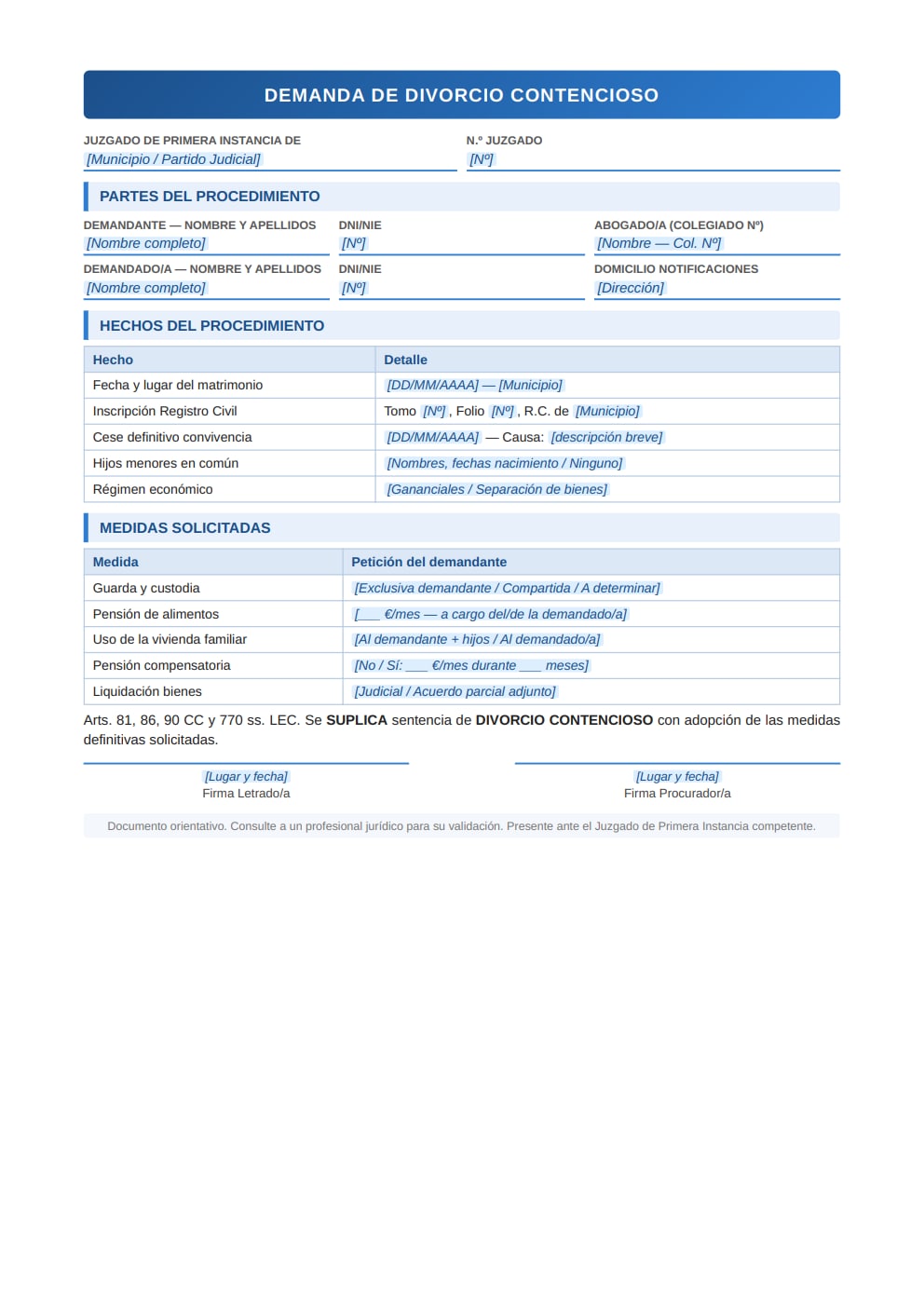 Papeles divorcio sin acuerdo tabla hechos medidas solicitadas pensión compensatoria PDF