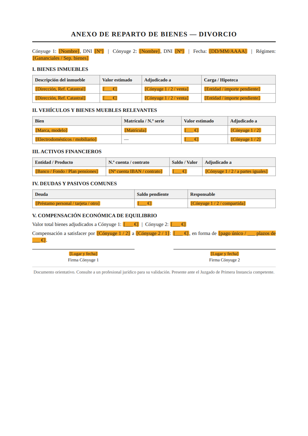 Anexo reparto bienes divorcio liquidación gananciales tabla inmuebles vehículos cuentas estilo clásico PDF