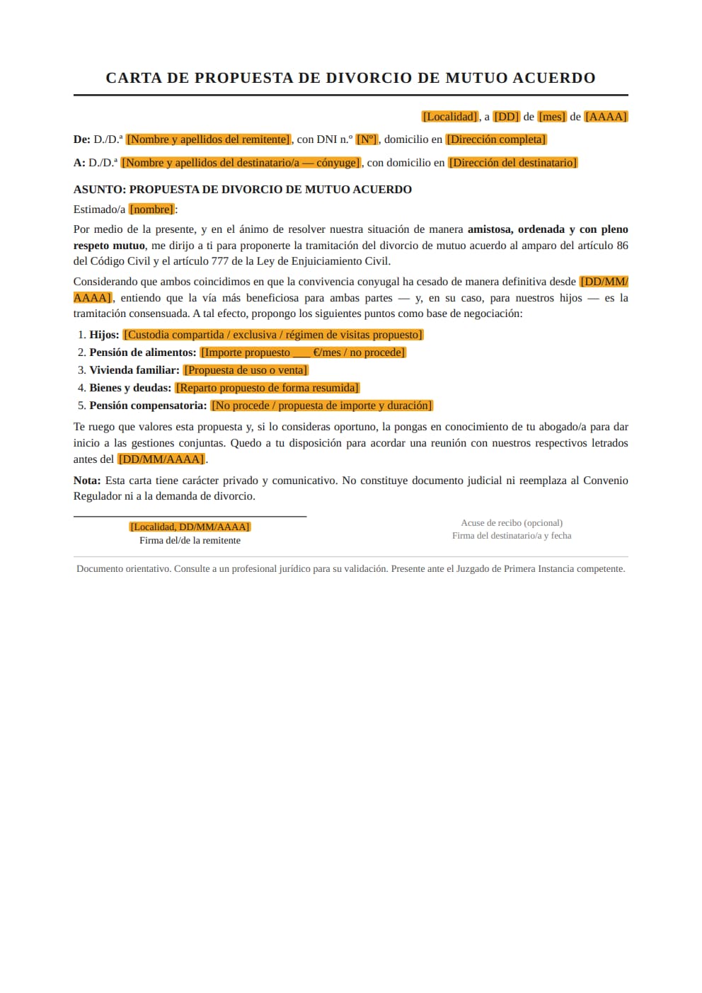 Modelo carta divorcio propuesta mutuo acuerdo comunicación previa estilo formal PDF