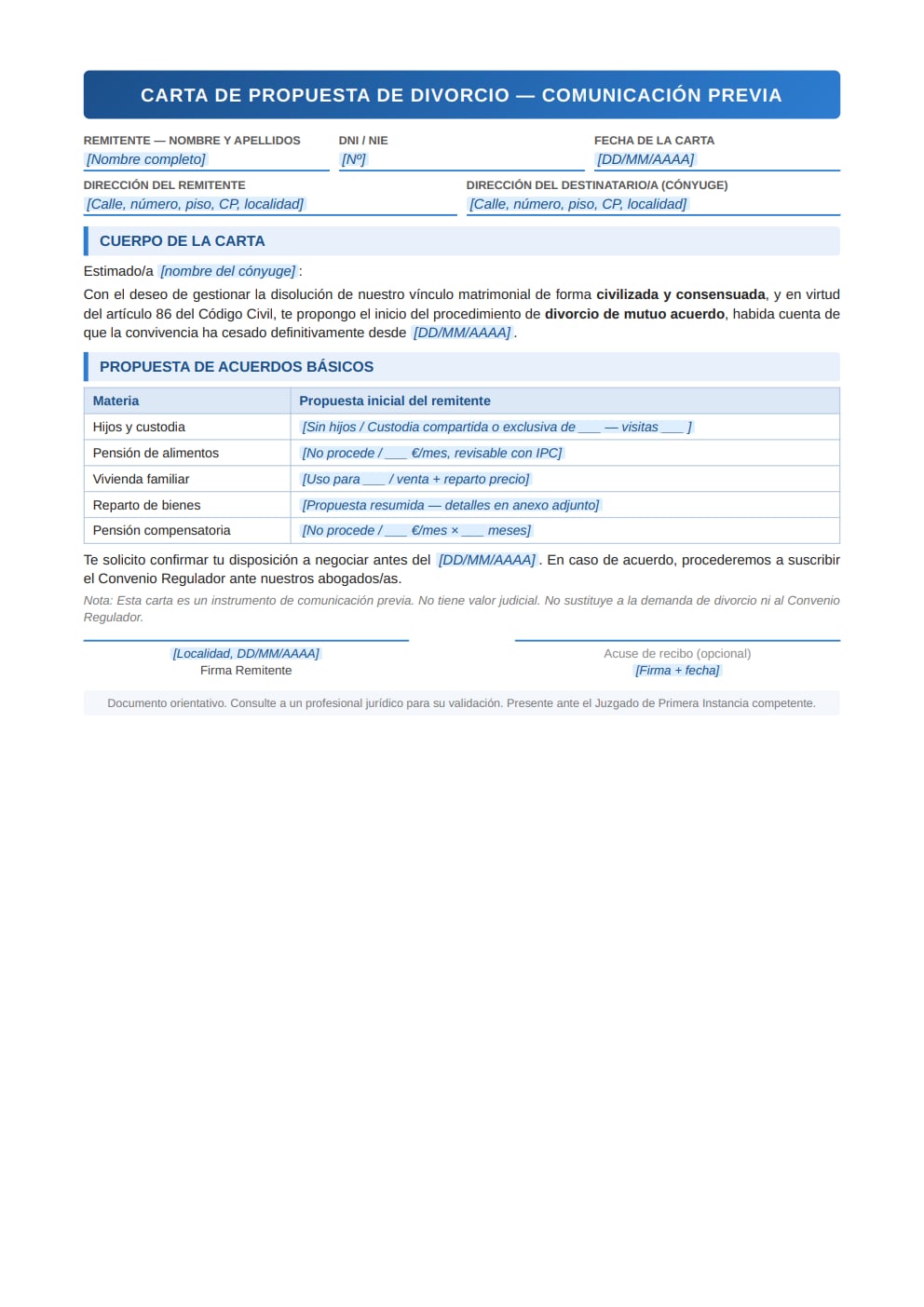 Carta divorcio comunicación previa tabla propuesta custodia vivienda bienes estilo profesional PDF