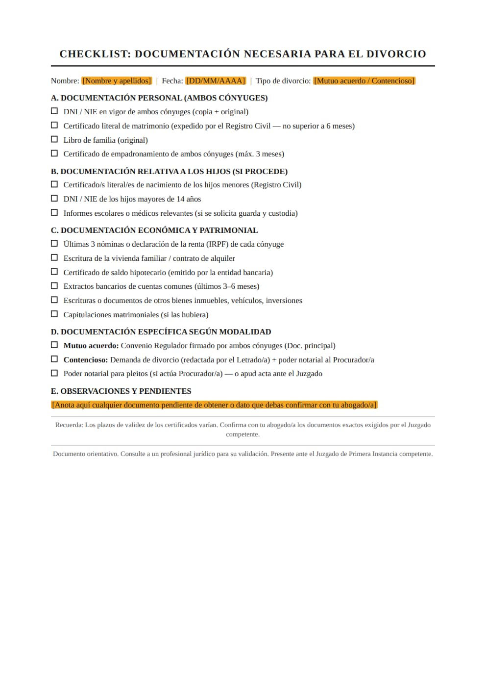 Checklist papeles divorcio documentación necesaria lista PDF casillas marcables estilo clásico