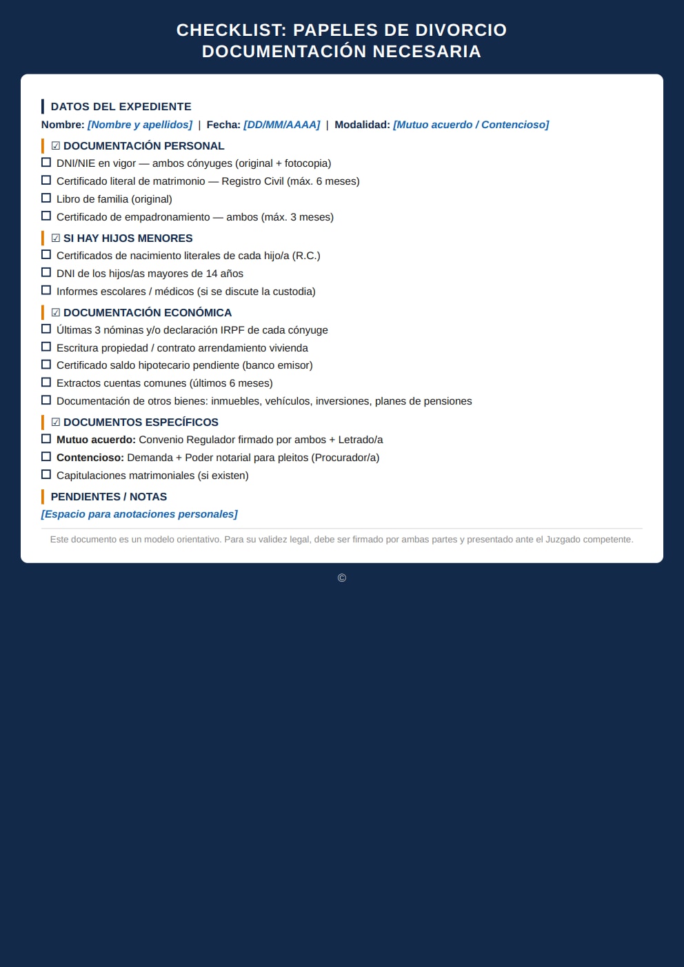 Documentación divorcio checklist PDF casillas verificación documentos necesarios modelo moderno