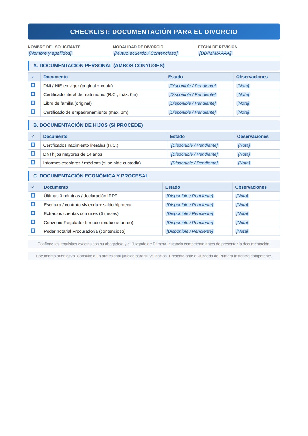 Lista documentos necesarios divorcio tabla estado disponible pendiente formato profesional PDF