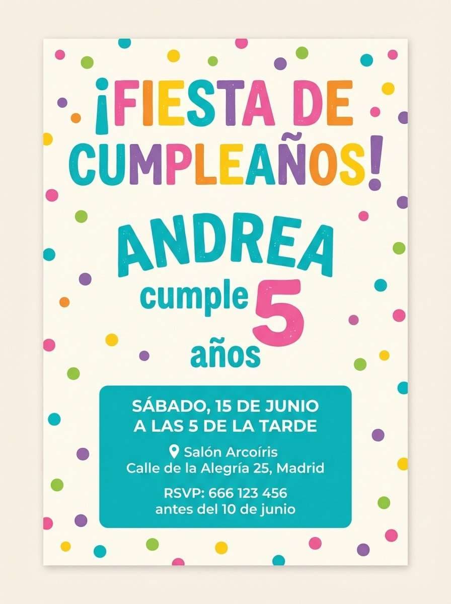 Plantilla de invitación de cumpleaños infantil arcoíris y confeti en PDF (para imprimir), modelo 01