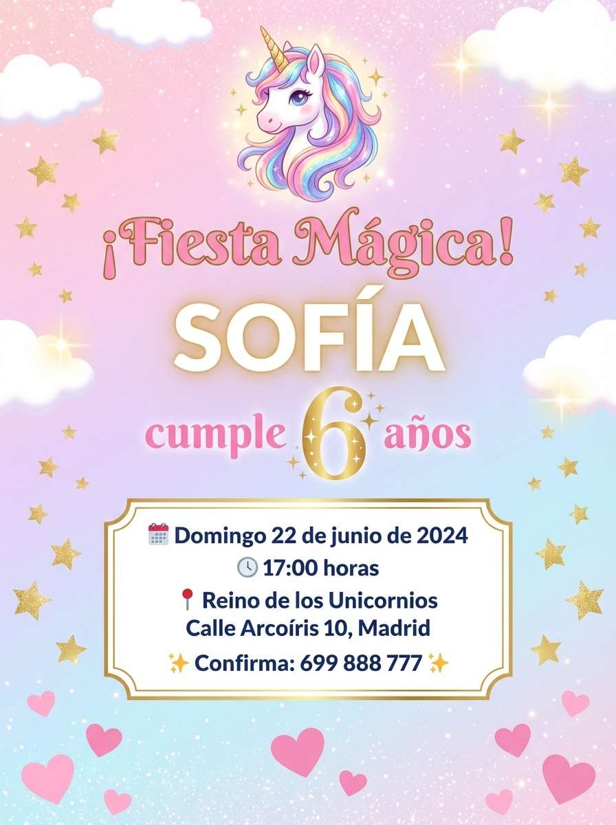 Plantilla de invitación de cumpleaños infantil unicornio mágico en PDF (para imprimir), modelo 02