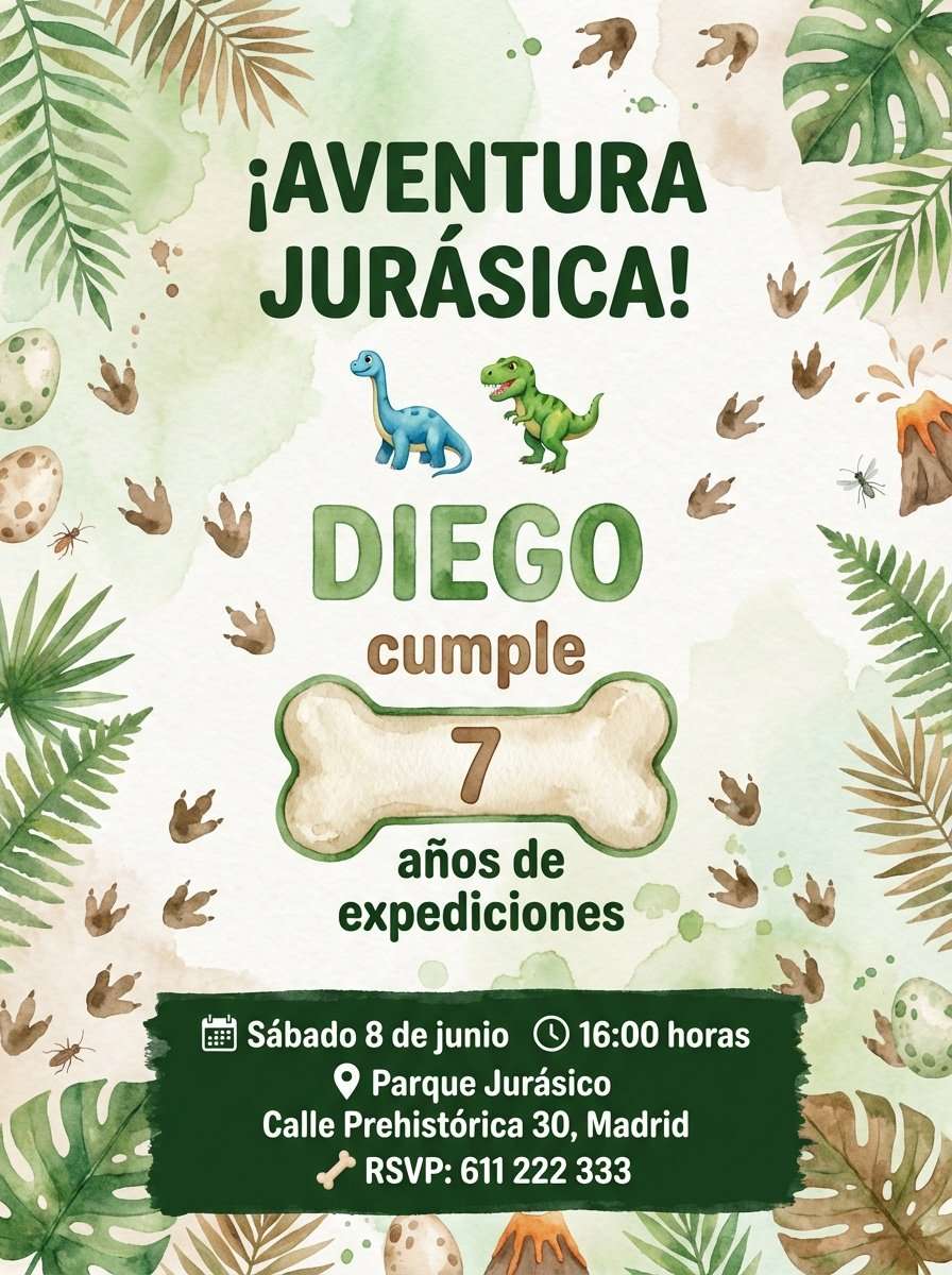 Plantilla de invitación de cumpleaños infantil dinosaurios acuarela en PDF (para imprimir), modelo 03