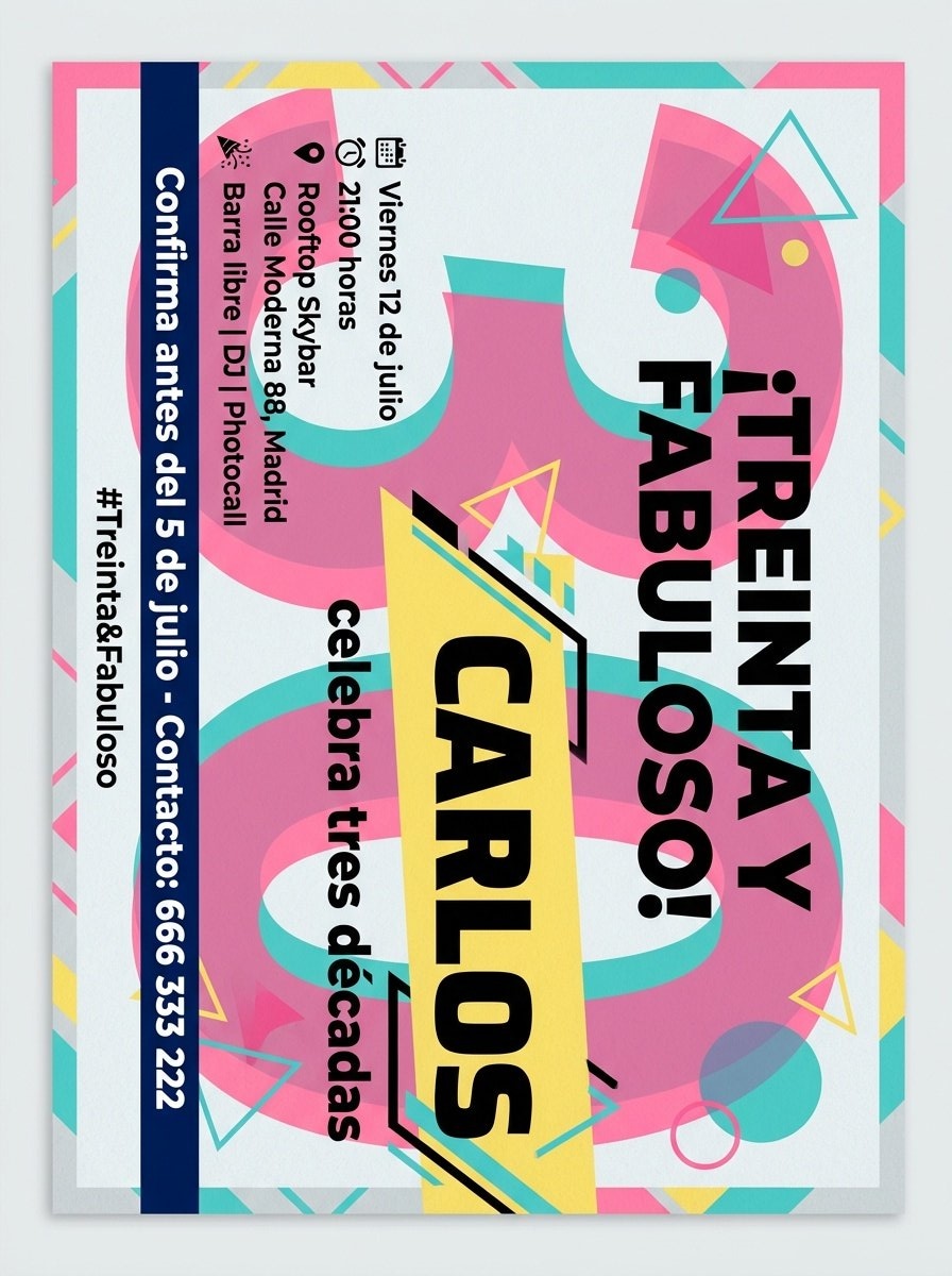 Plantilla de invitación de cumpleaños 30 años moderna en PDF (para imprimir), modelo 08