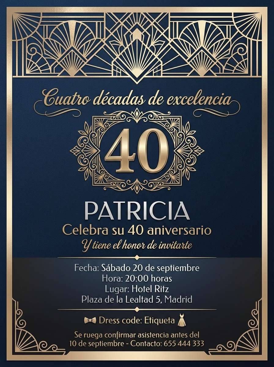 Plantilla de invitación de cumpleaños para adultos estilo art déco en PDF (para imprimir), modelo 09