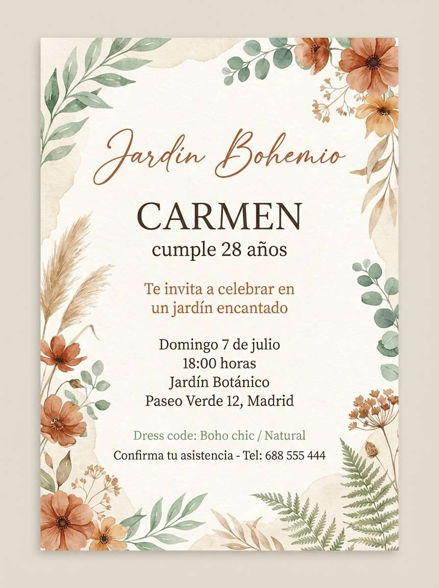 Plantilla de invitación de cumpleaños para adultos jardín bohemio en PDF (para imprimir), modelo 12