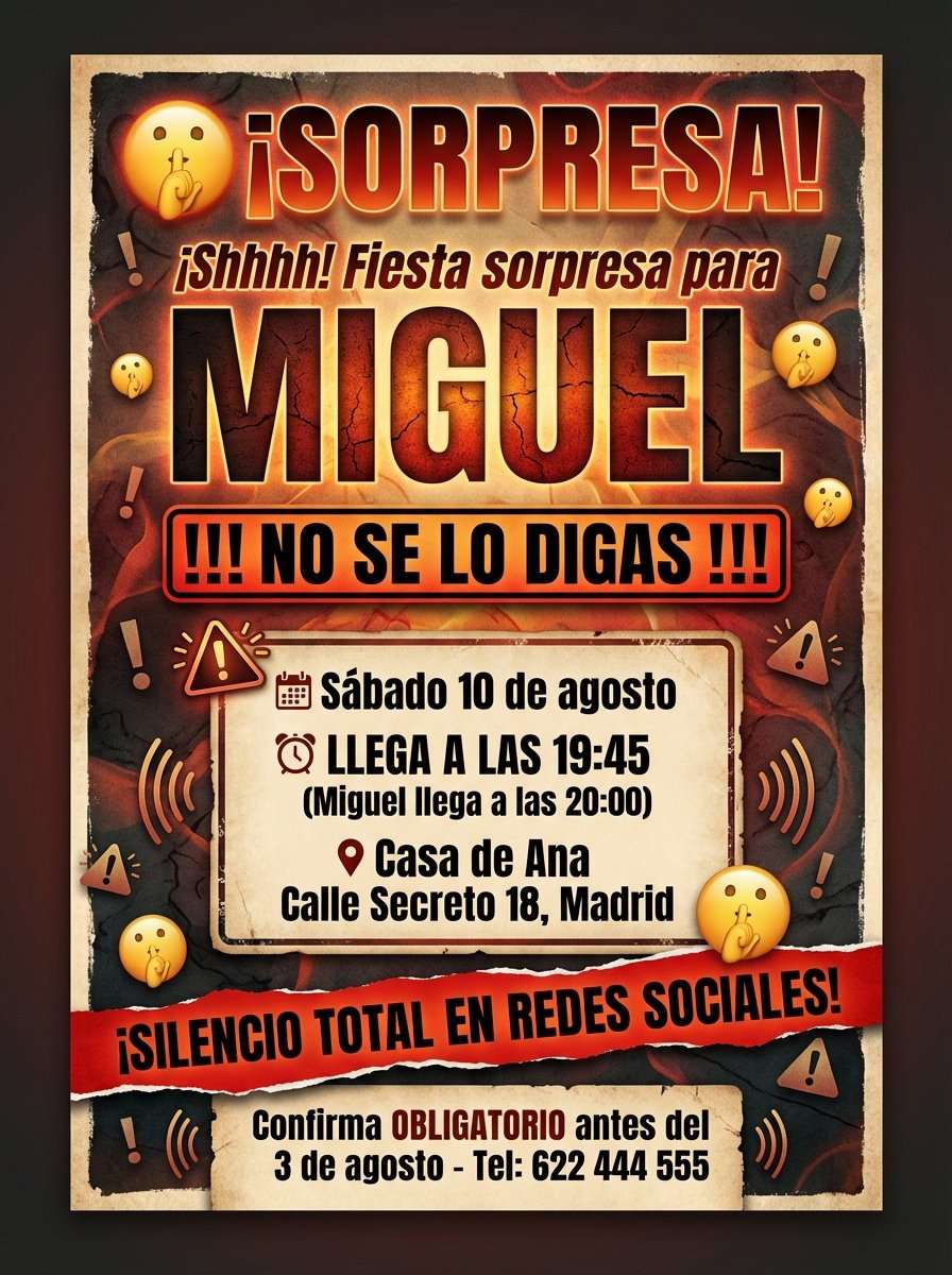 Plantilla de invitación de cumpleaños sorpresa dramática en PDF (para imprimir), modelo 13