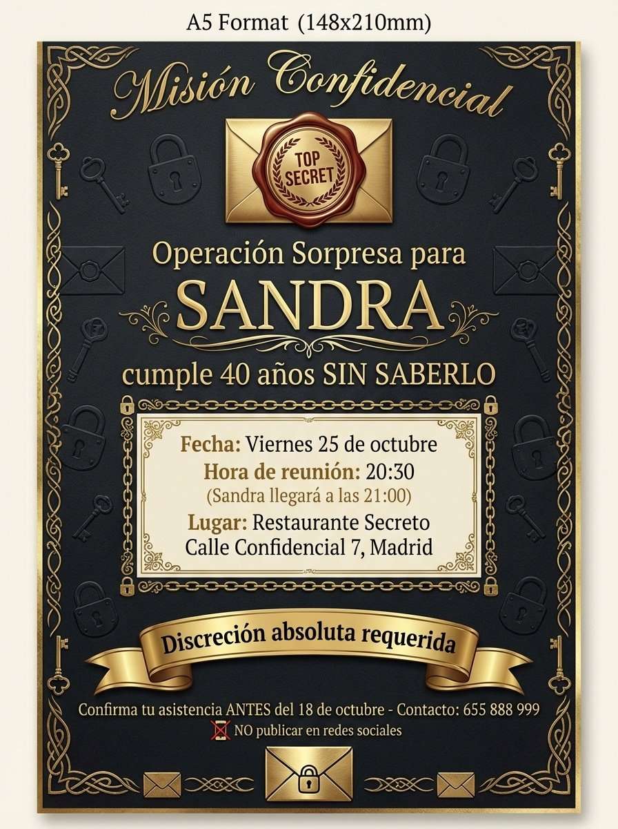 Plantilla de invitación de cumpleaños sorpresa misión confidencial en PDF (para imprimir), modelo 14