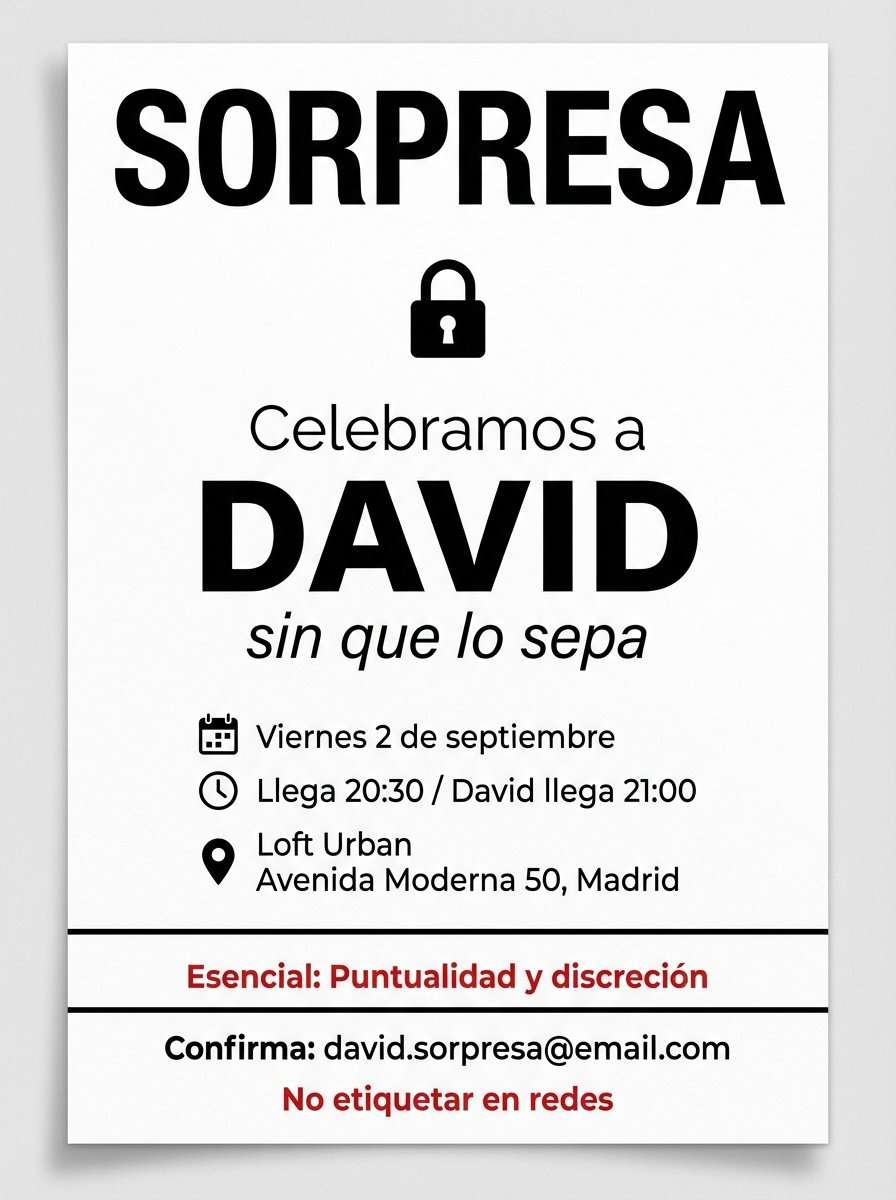 Plantilla de invitación de cumpleaños sorpresa minimalista en PDF (para imprimir), modelo 16