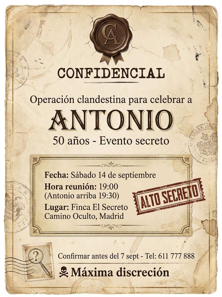 Plantilla de invitación de cumpleaños sorpresa misterio vintage en PDF (para imprimir), modelo 17