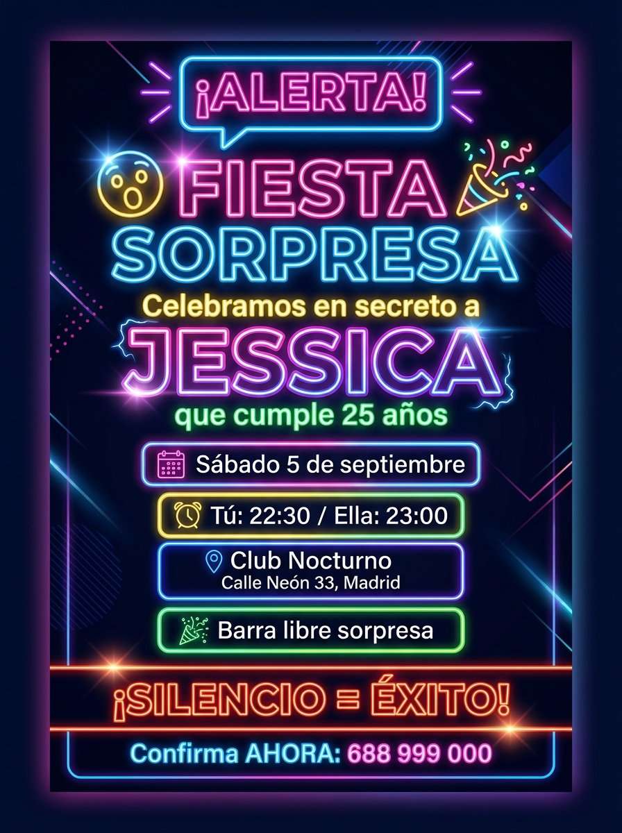 Plantilla de invitación de cumpleaños sorpresa neón en PDF (para imprimir), modelo 18