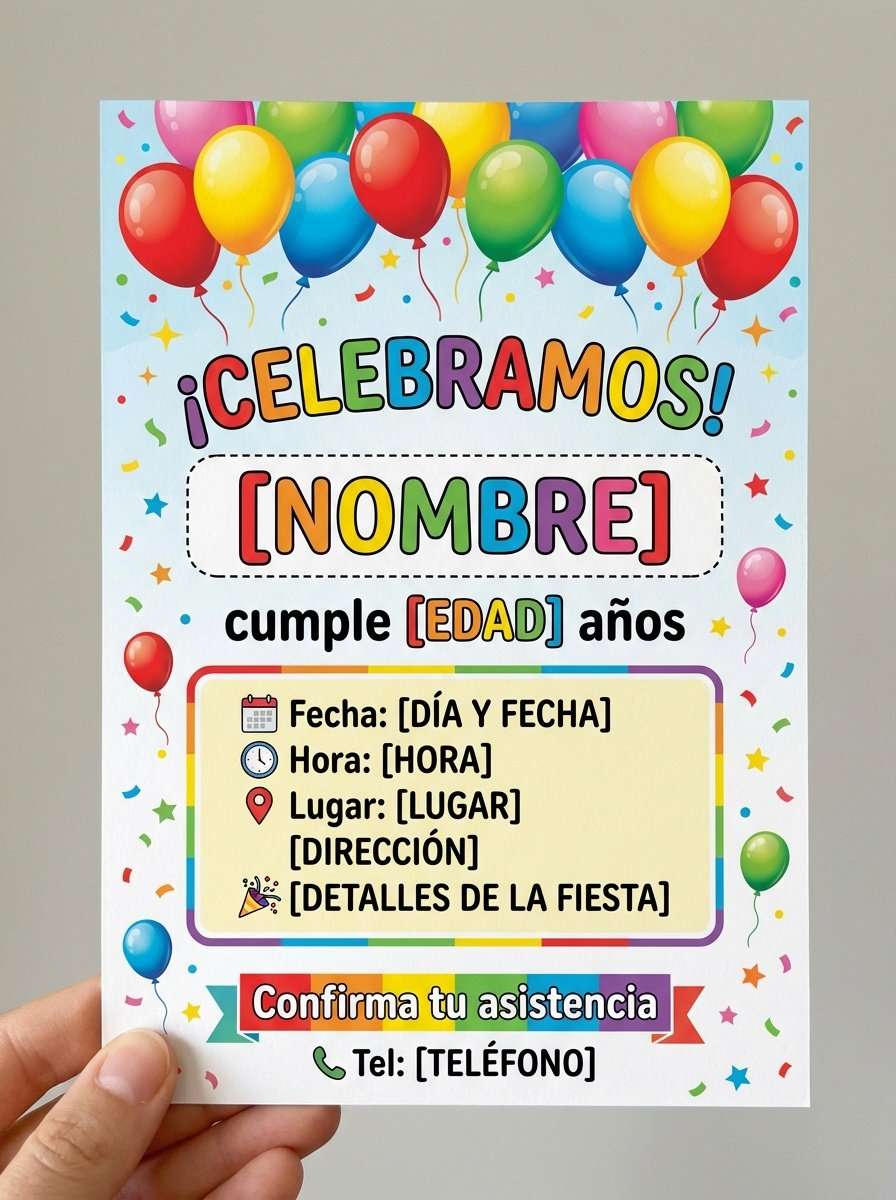 Plantilla de invitación de cumpleaños globos arcoíris en PDF (para imprimir), modelo 19