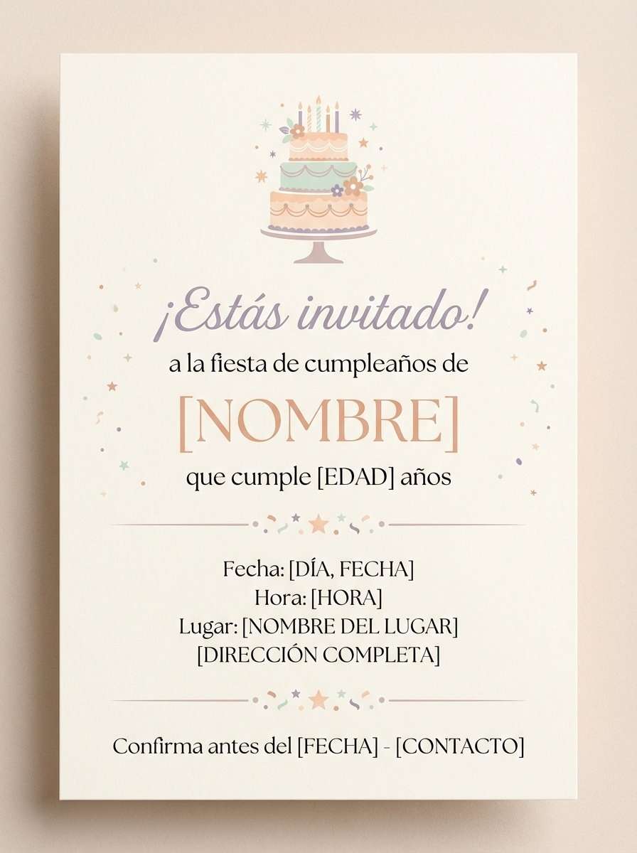 Plantilla de invitación de cumpleaños con pastel de celebración en PDF (para imprimir), modelo 20