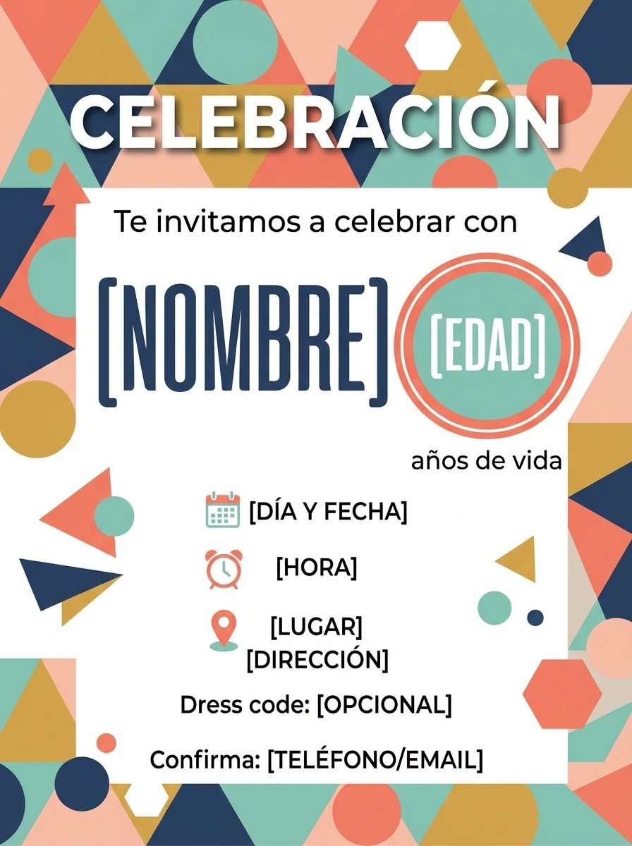 Plantilla de invitación de cumpleaños minimalista geométrica en PDF (para imprimir), modelo 21