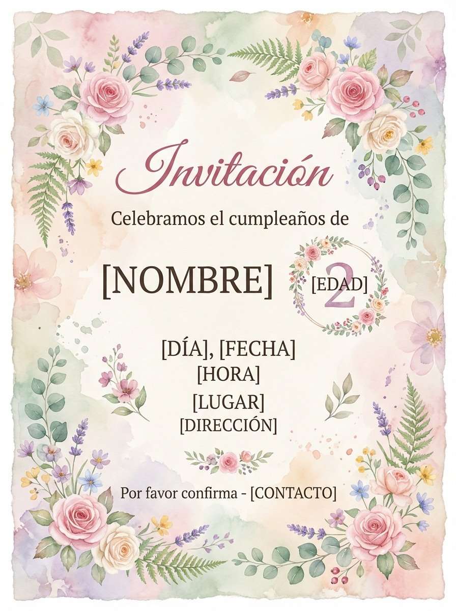 Plantilla de invitación de cumpleaños acuarela floral en PDF (para imprimir), modelo 22