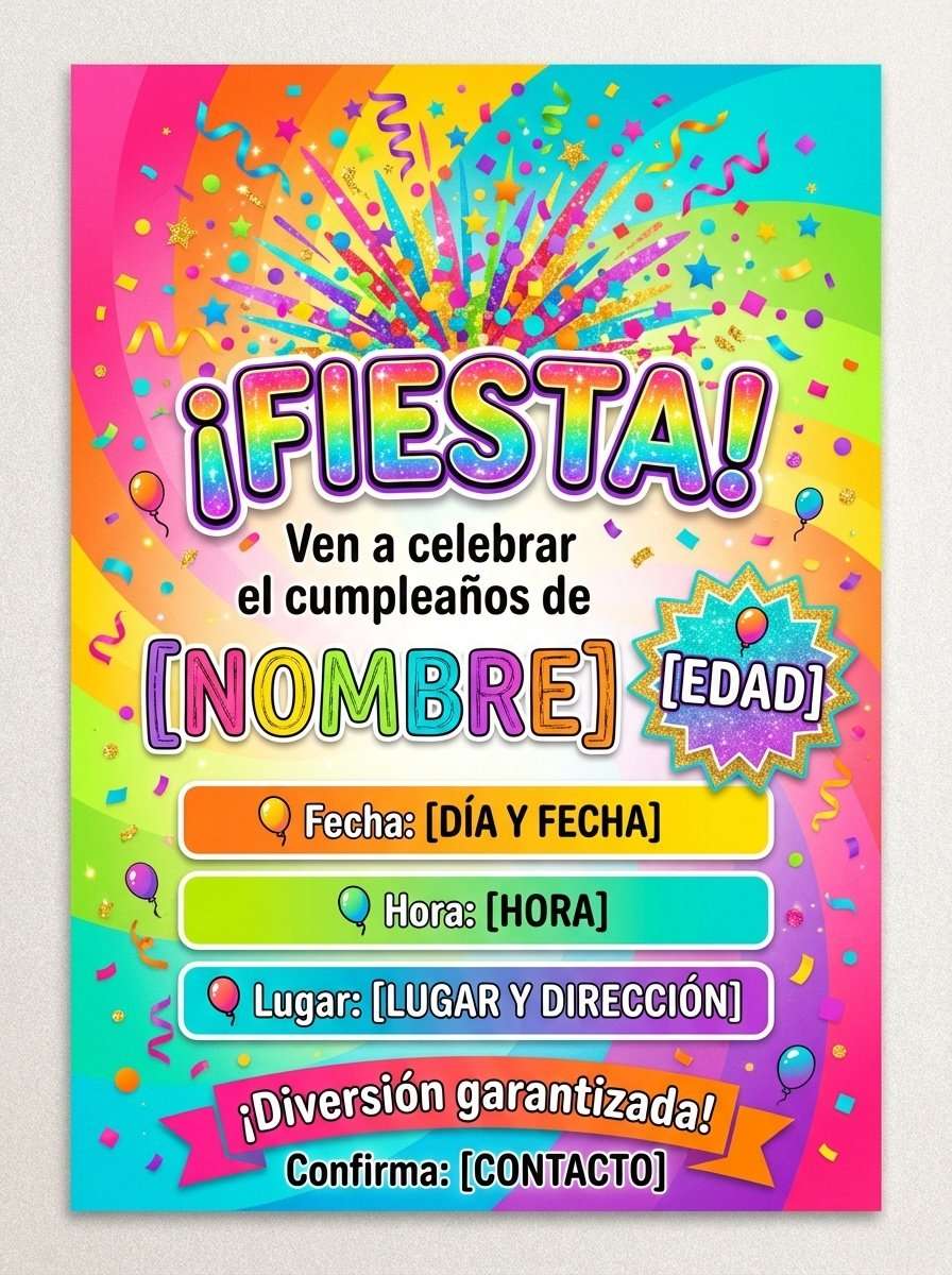 Plantilla de invitación de cumpleaños confeti arcoíris en PDF (para imprimir), modelo 23