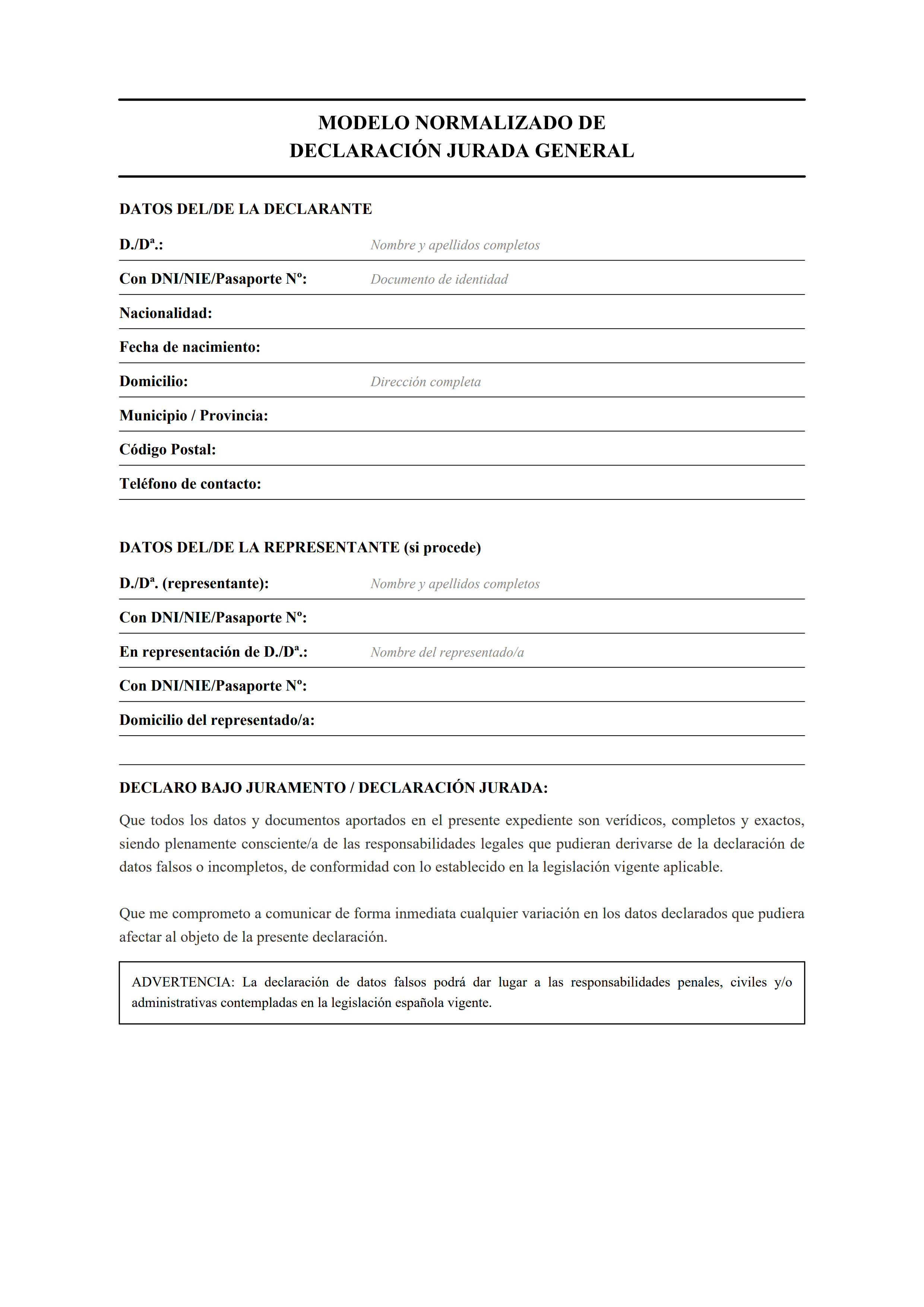 Modelo de declaración jurada general estilo clásico en blanco y negro — estiloA