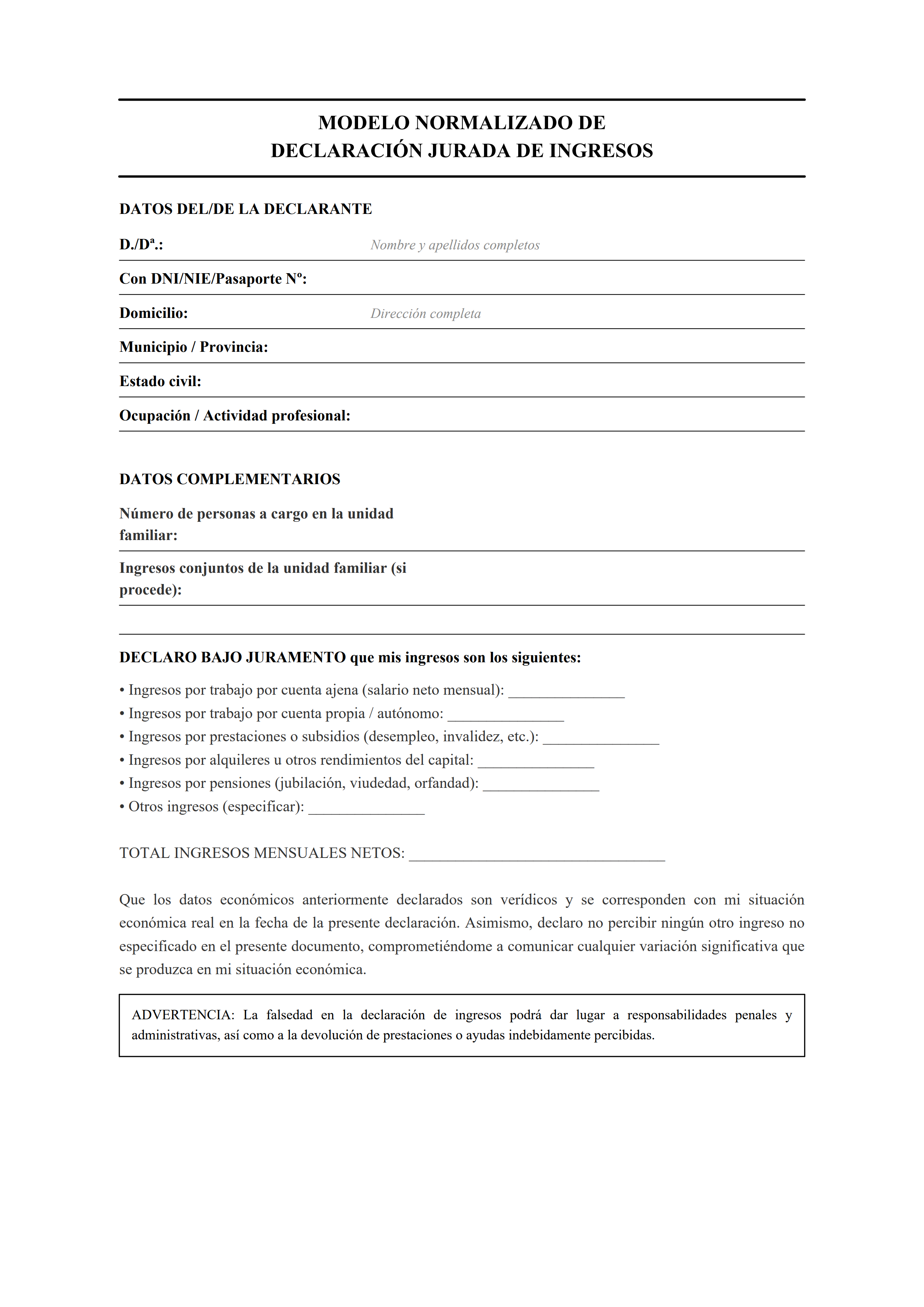 Declaración jurada de ingresos estilo clásico con desglose de fuentes de renta — estiloA