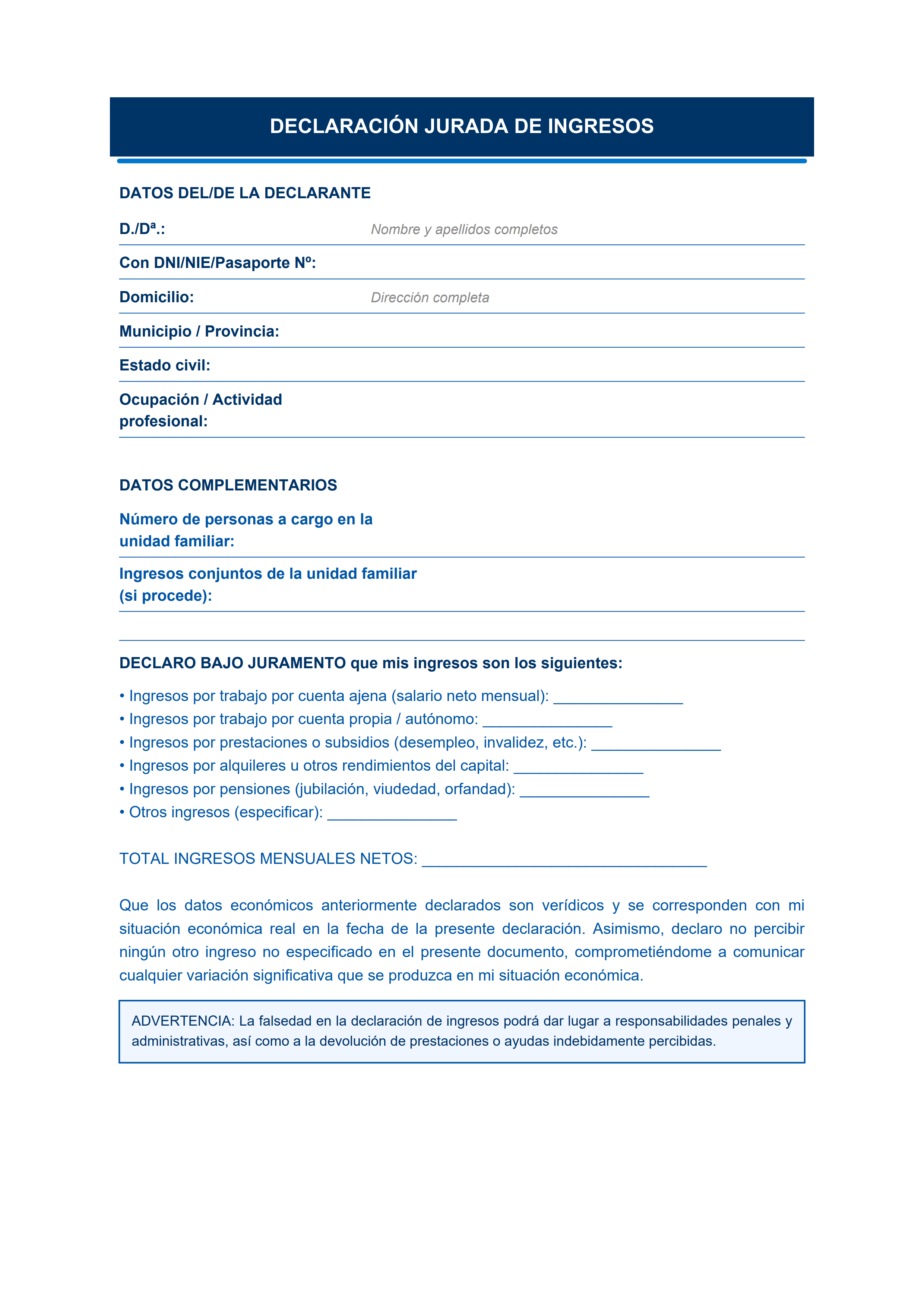 Plantilla de declaración jurada de ingresos diseño moderno azul con total mensual neto — estiloB