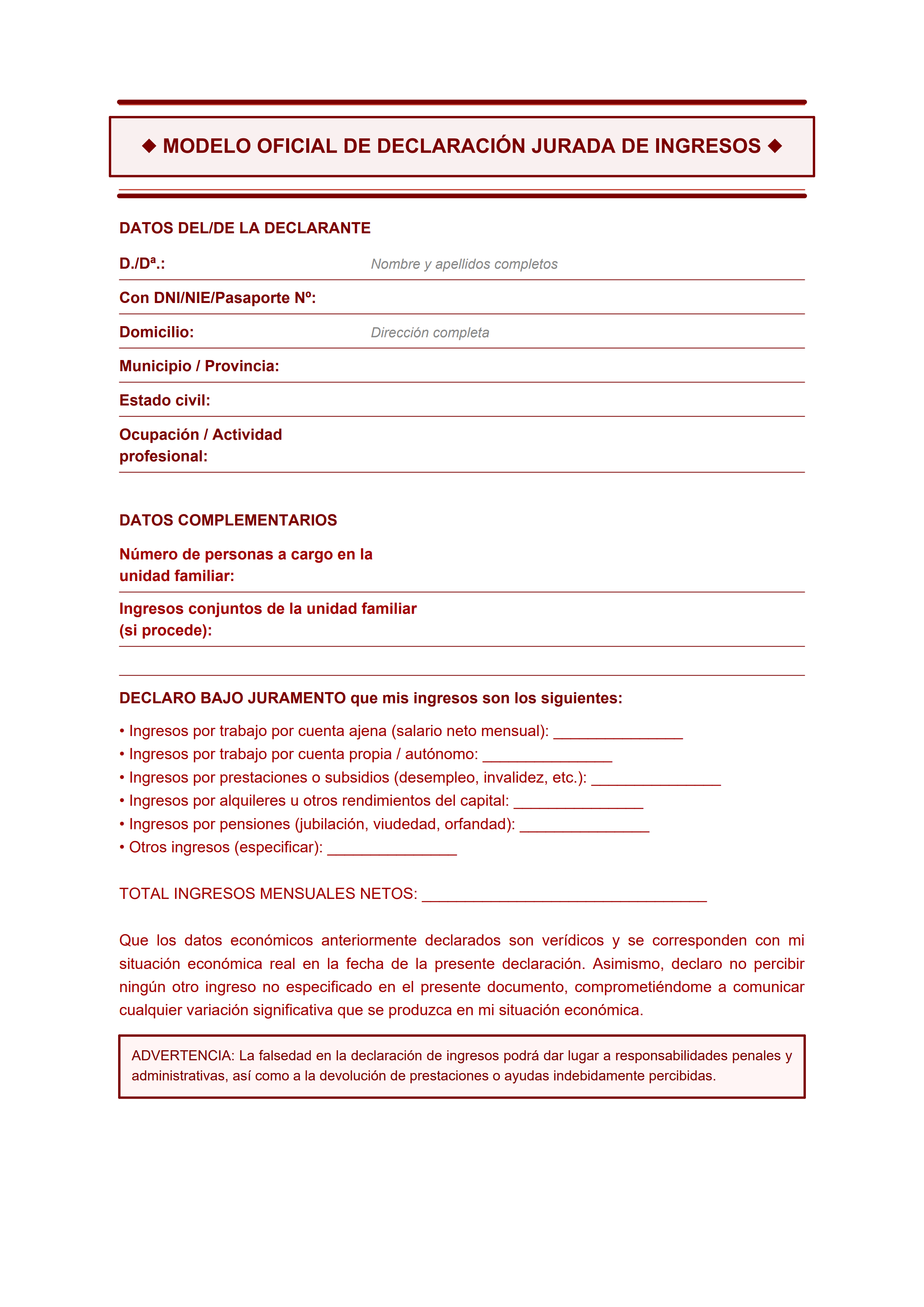 Formulario oficial de declaración jurada de ingresos con borde rojo para organismos públicos — estiloC