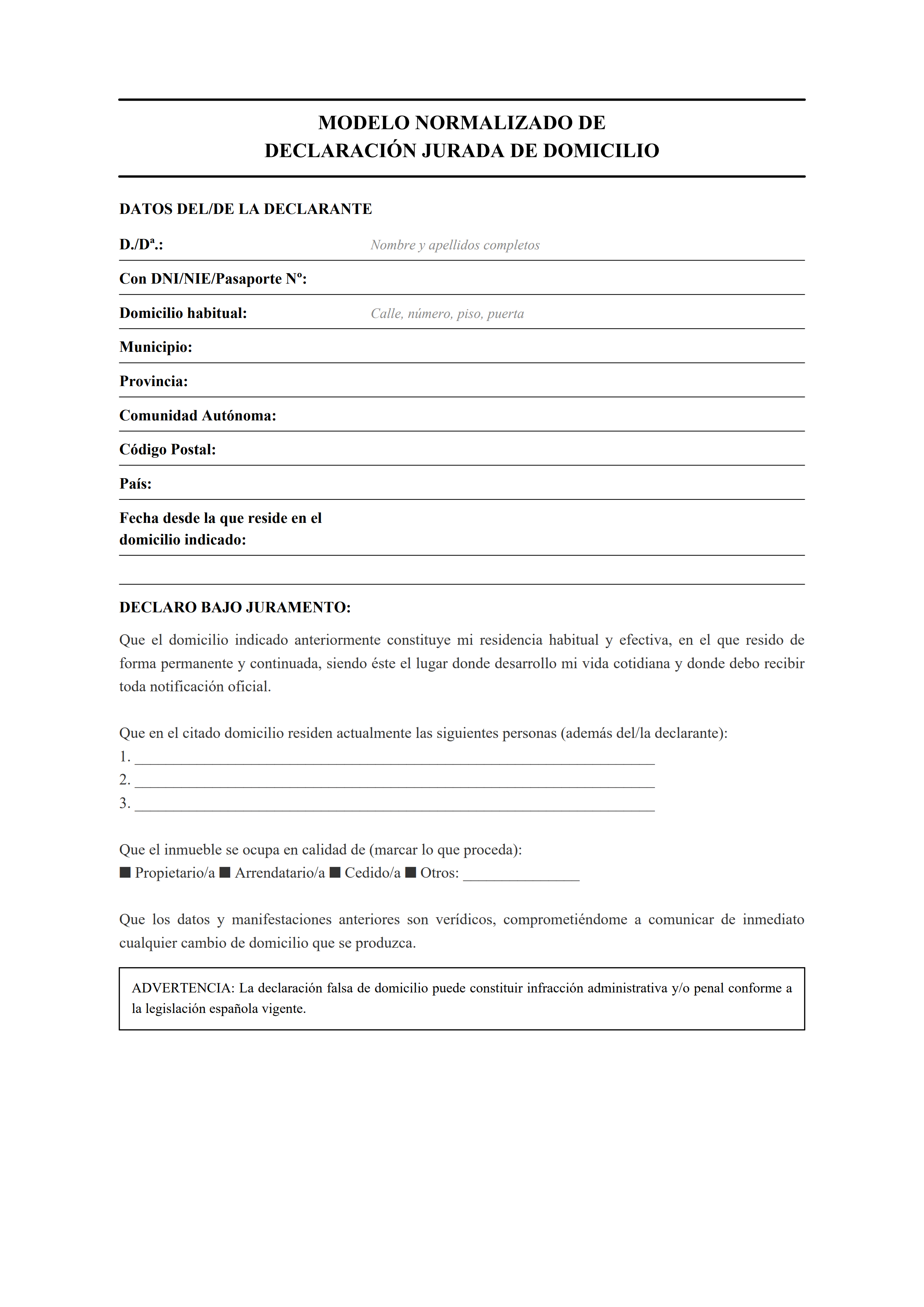 Declaración jurada de domicilio estilo clásico con campos de dirección y régimen de tenencia — estiloA
