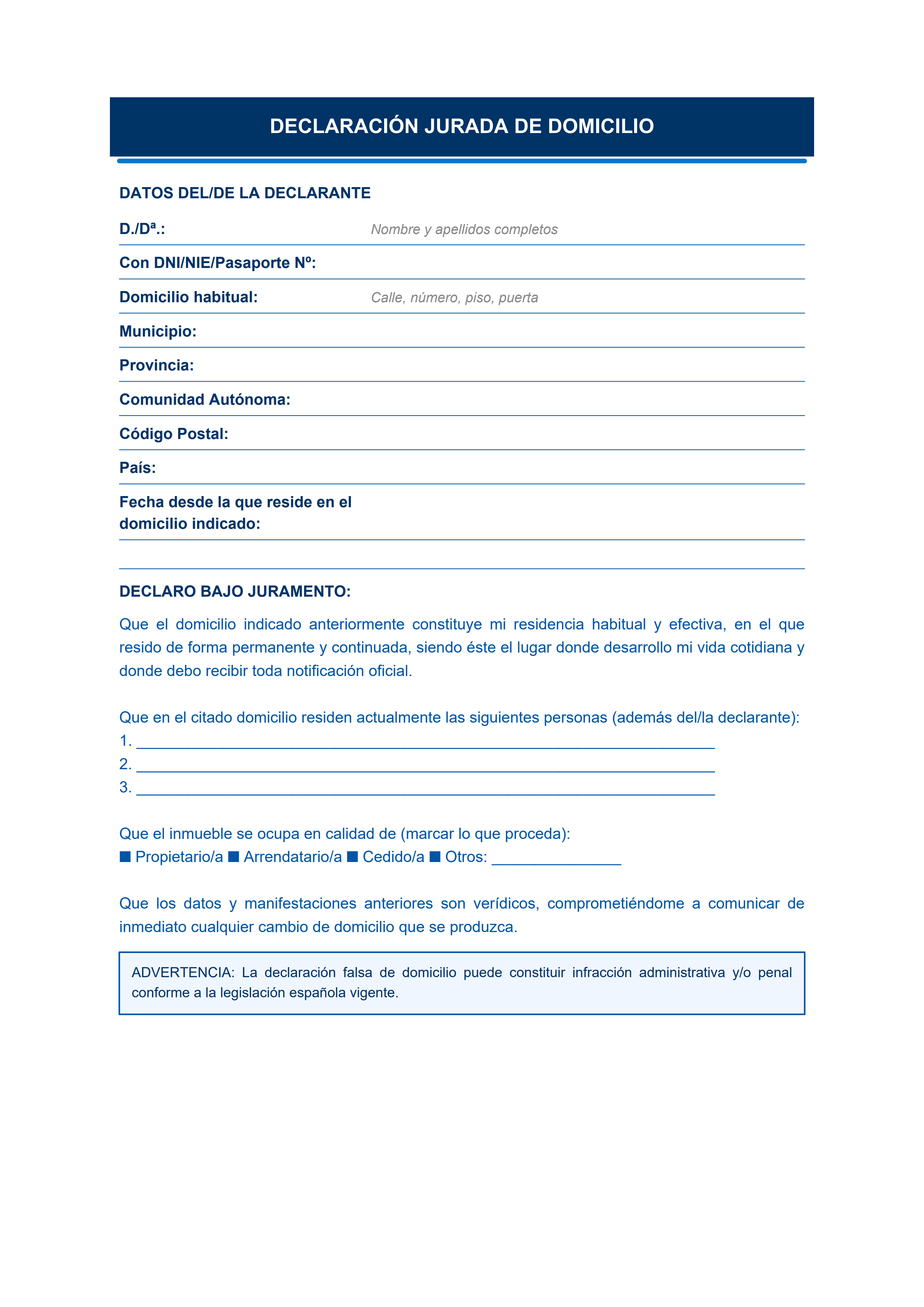 Plantilla de declaración jurada de domicilio diseño moderno azul para trámites de empadronamiento — estiloB