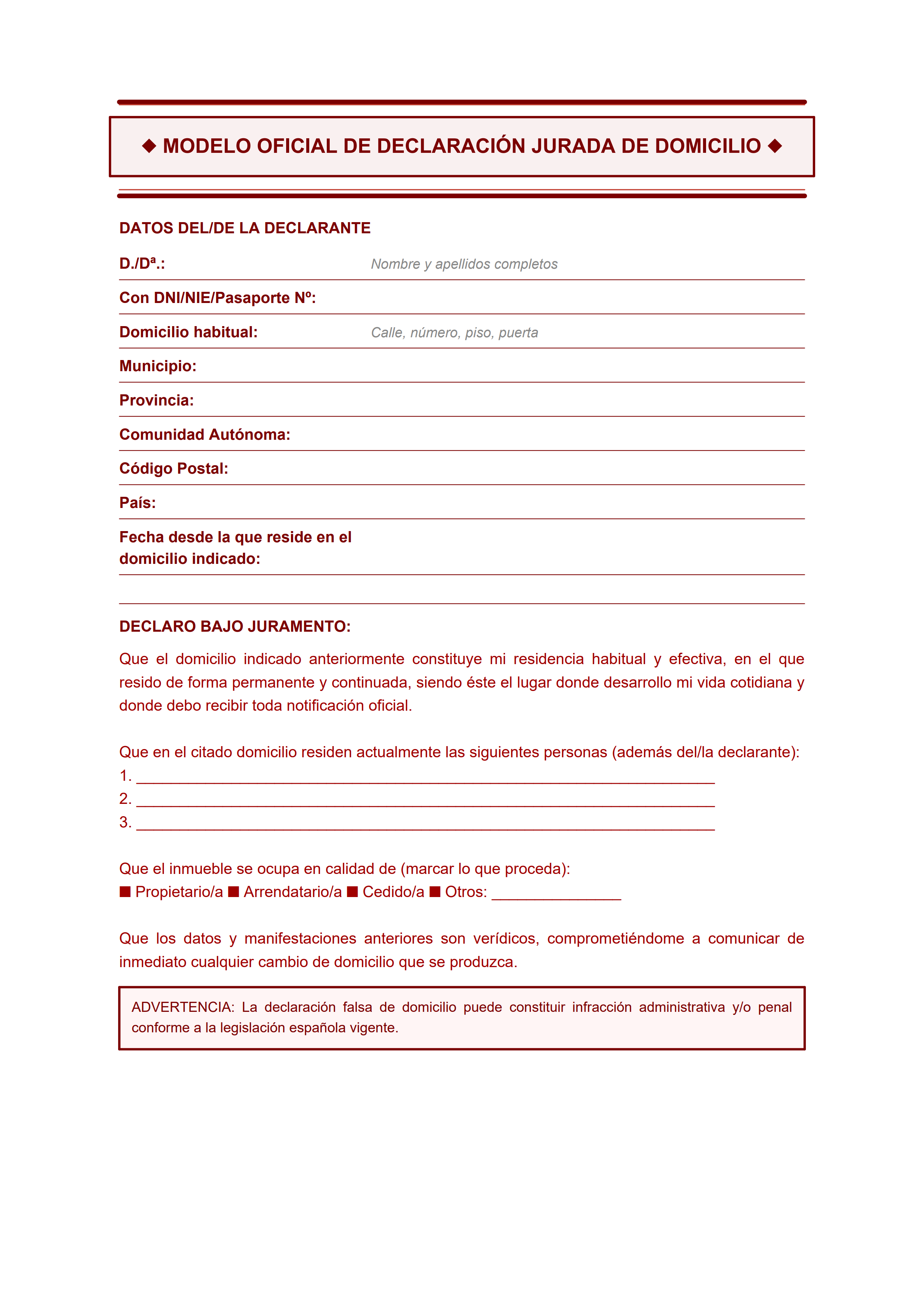 Formulario oficial de declaración jurada de domicilio con doble borde para Administración Pública — estiloC