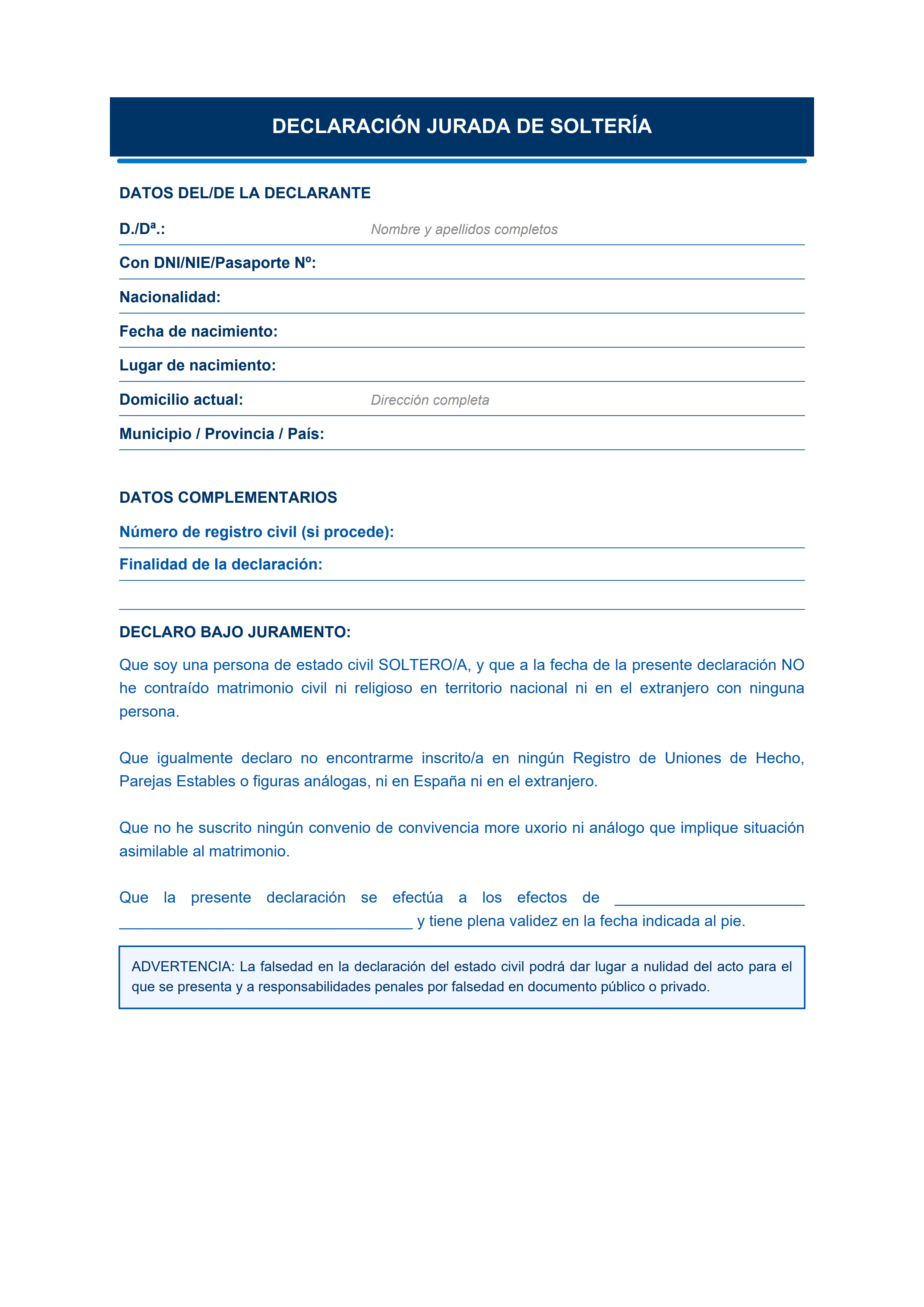 Plantilla de declaración jurada de soltería diseño moderno azul con estado civil y finalidad — estiloB