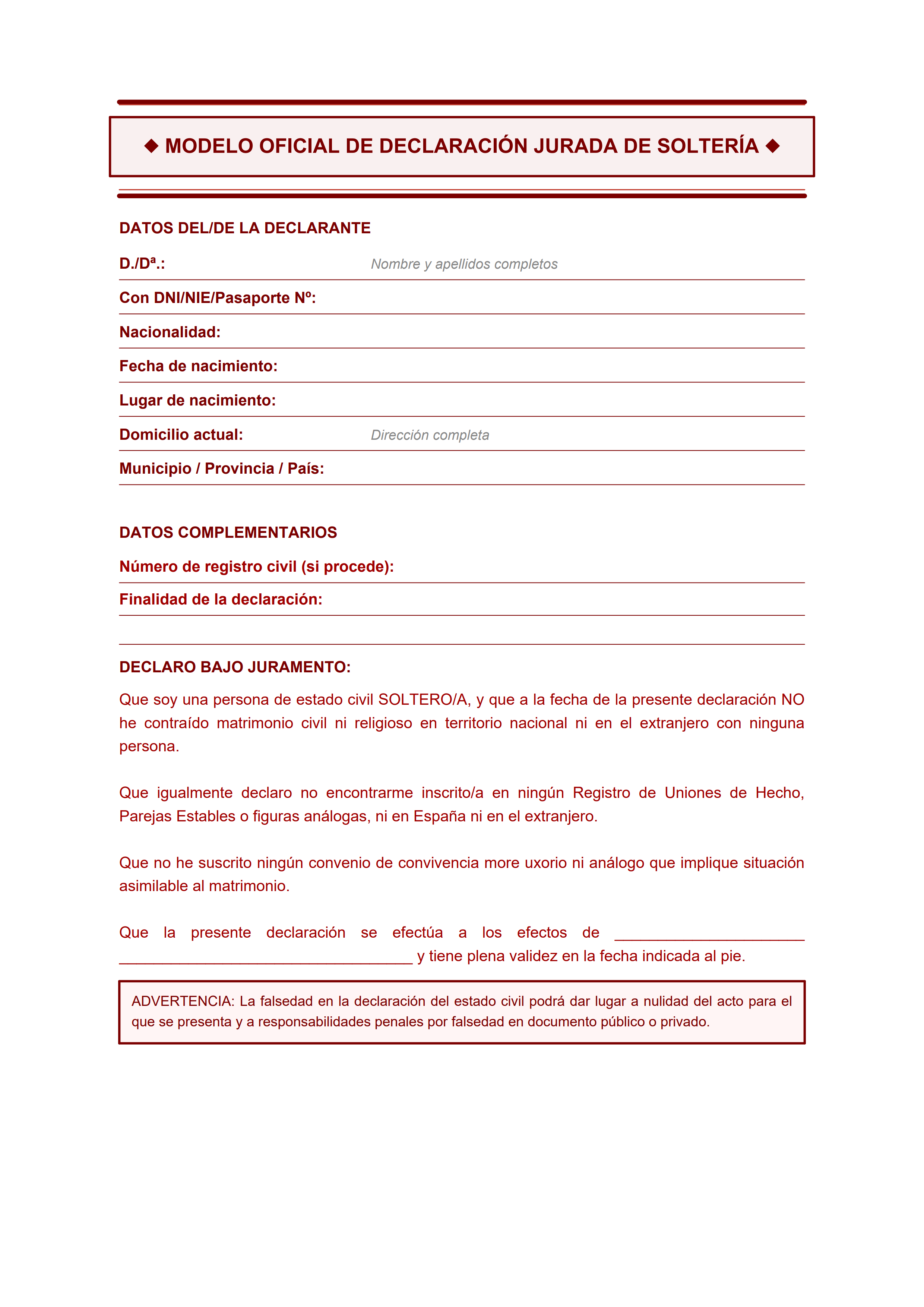 Formulario oficial de declaración jurada de soltería con doble borde para notaría o consulado — estiloC