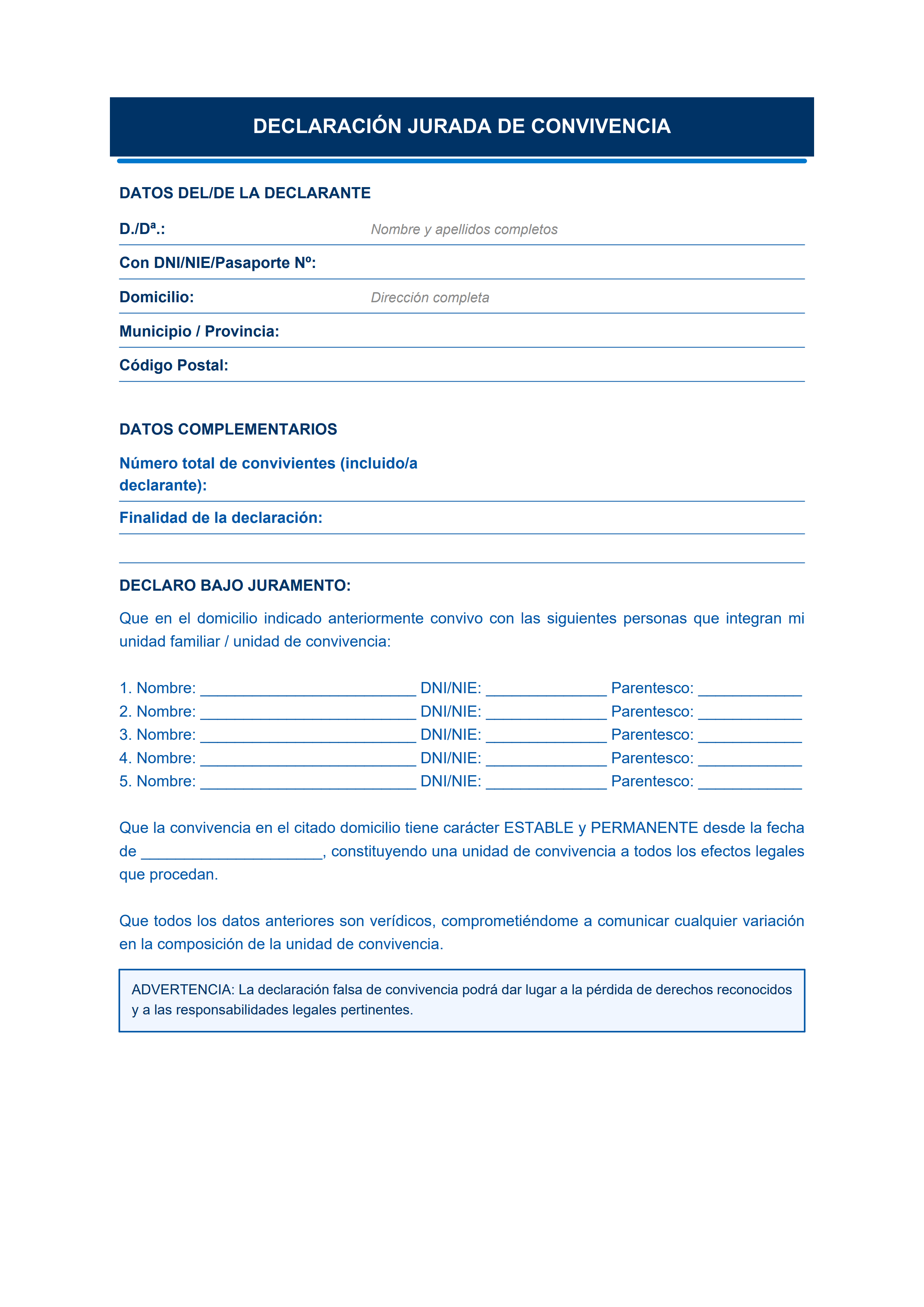 Plantilla de declaración jurada de convivencia diseño moderno azul para Seguridad Social y SEPE — estiloB