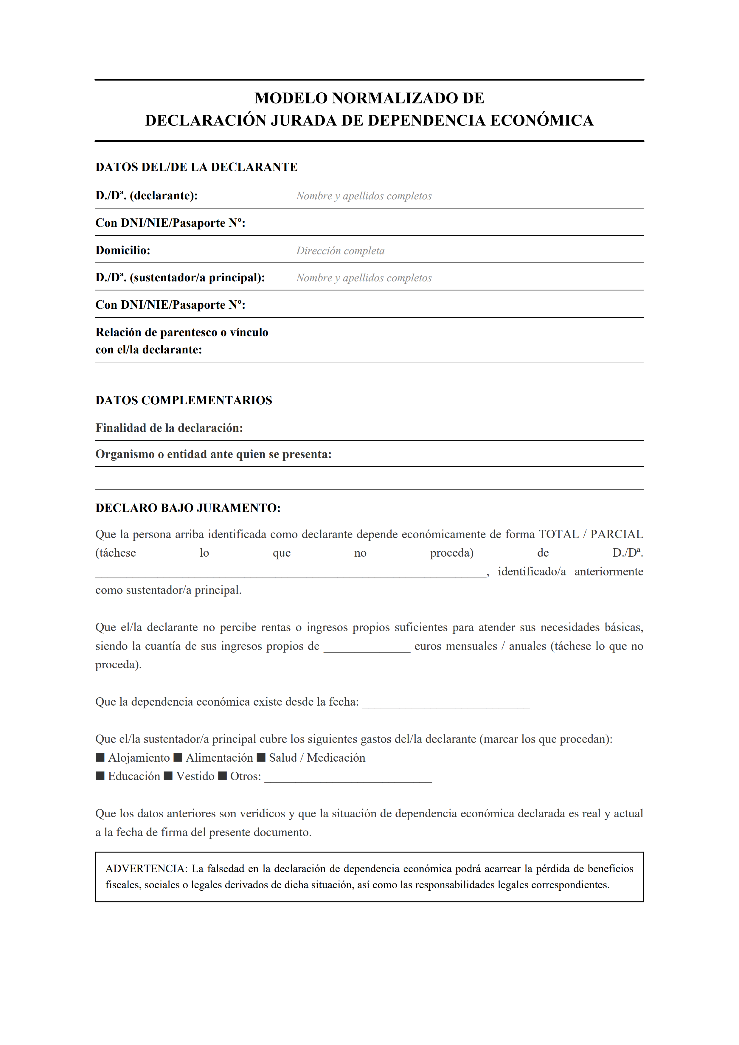 Declaración jurada de dependencia económica estilo clásico con datos del declarante y sustentador — estiloA
