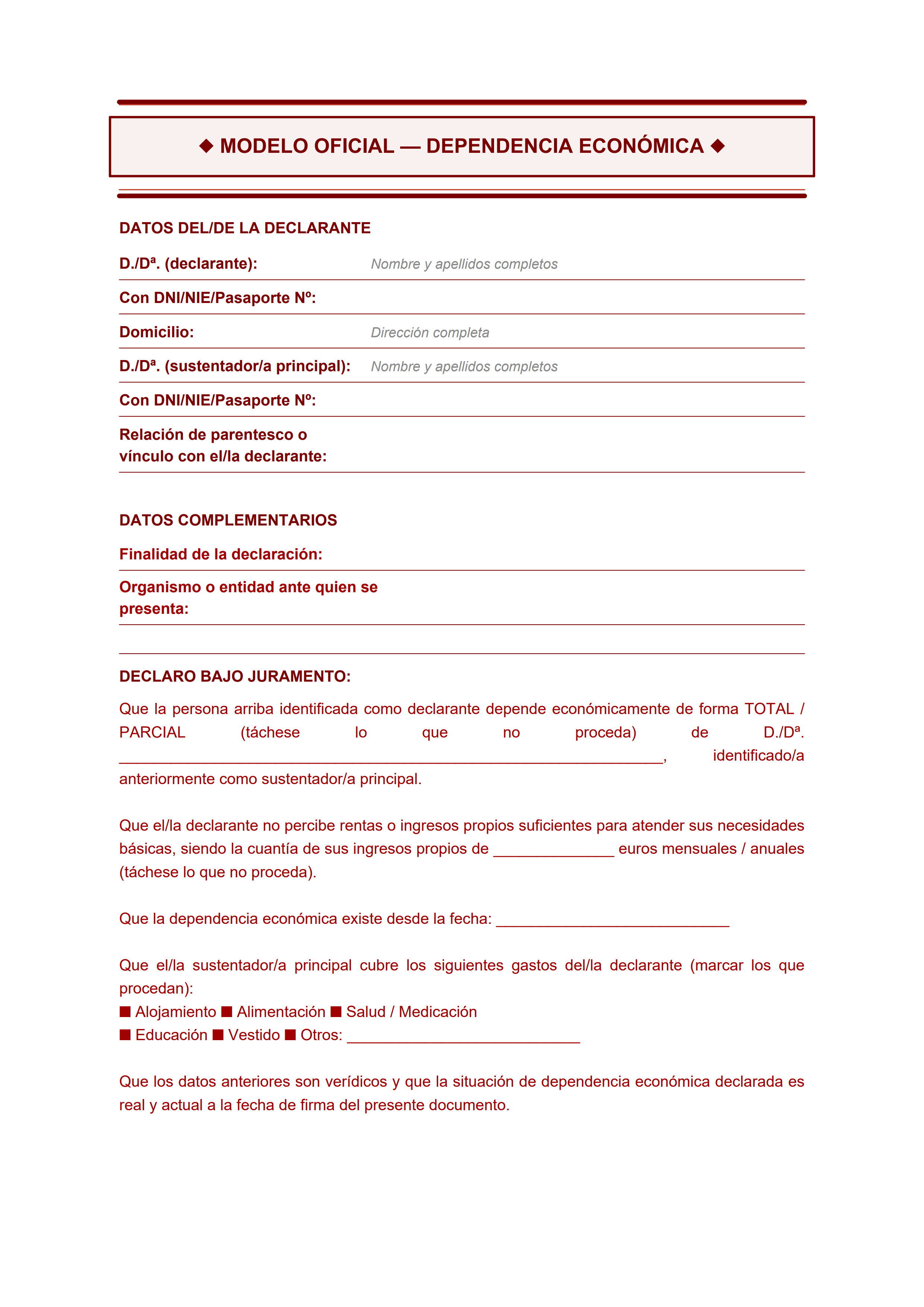 Formulario oficial de declaración jurada de dependencia económica para reagrupación familiar y AEAT — estiloC