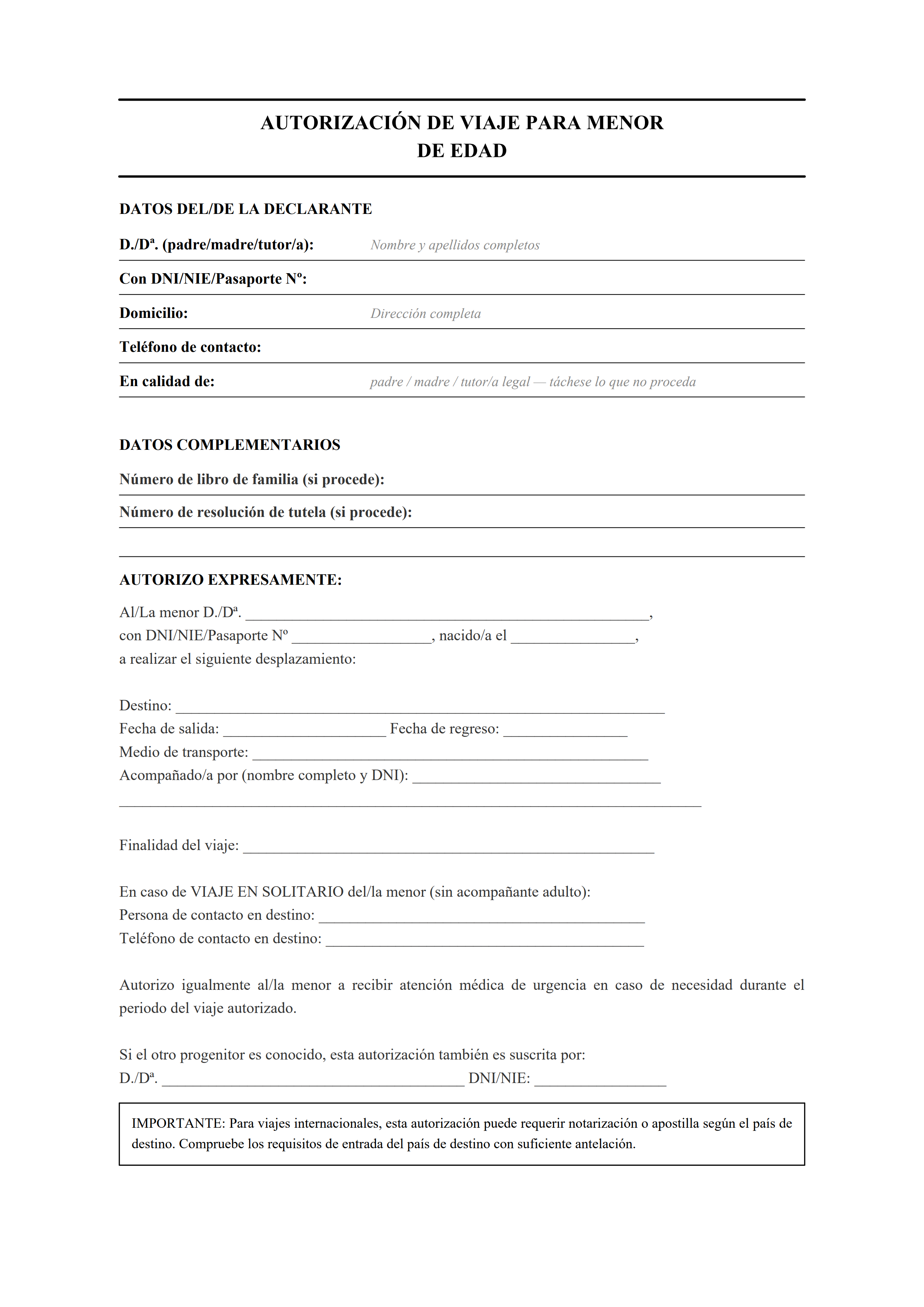 Autorización de viaje para menor estilo clásico con datos del menor, destino, fechas y doble firma parental — estiloA