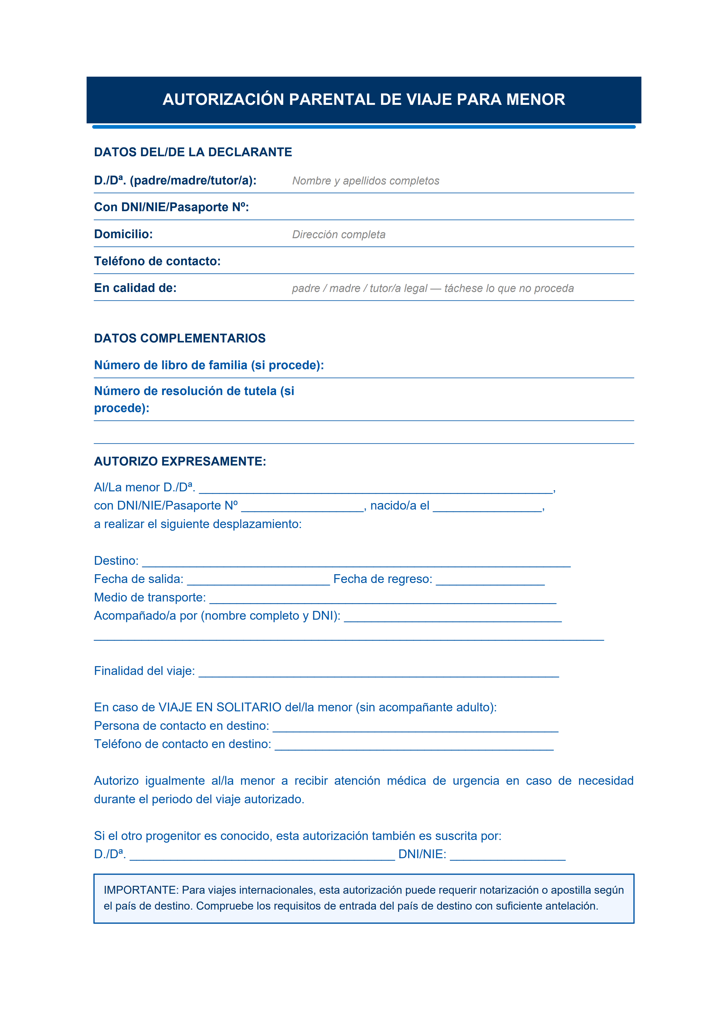Plantilla autorización parental de viaje para menor diseño moderno azul con cláusula de atención médica — estiloB