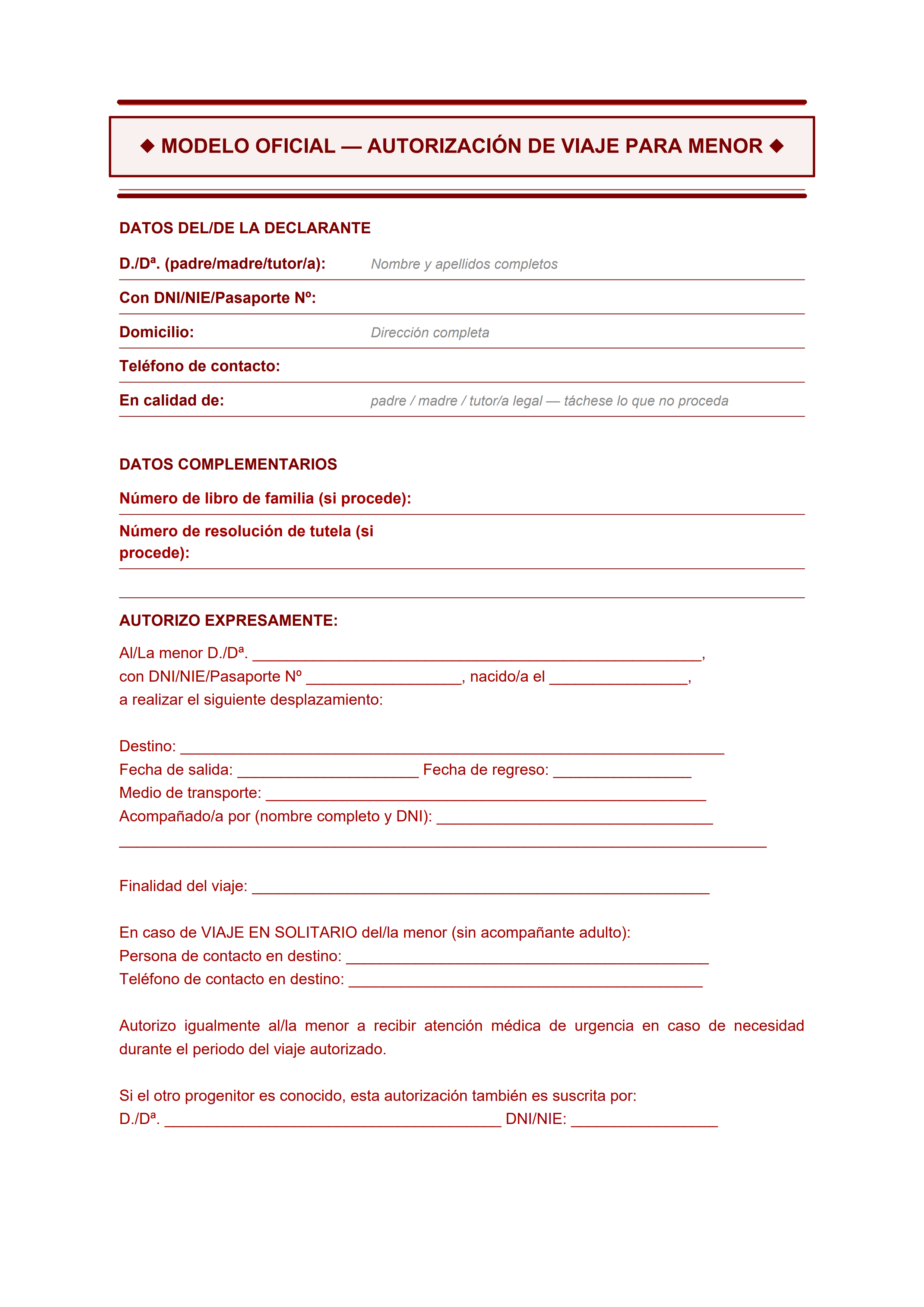 Formulario oficial de autorización de viaje para menor con doble borde y doble cuadro de firma parental — estiloC