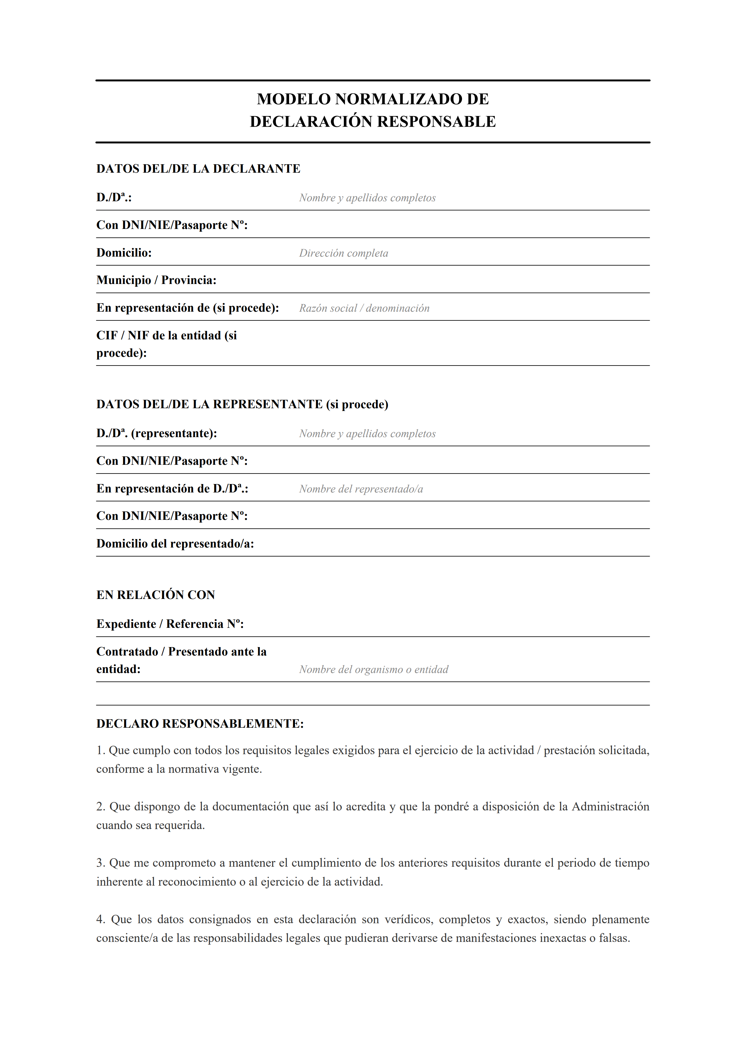 Modelo de declaración responsable estilo clásico con cuatro cláusulas de cumplimiento normativo — estiloA