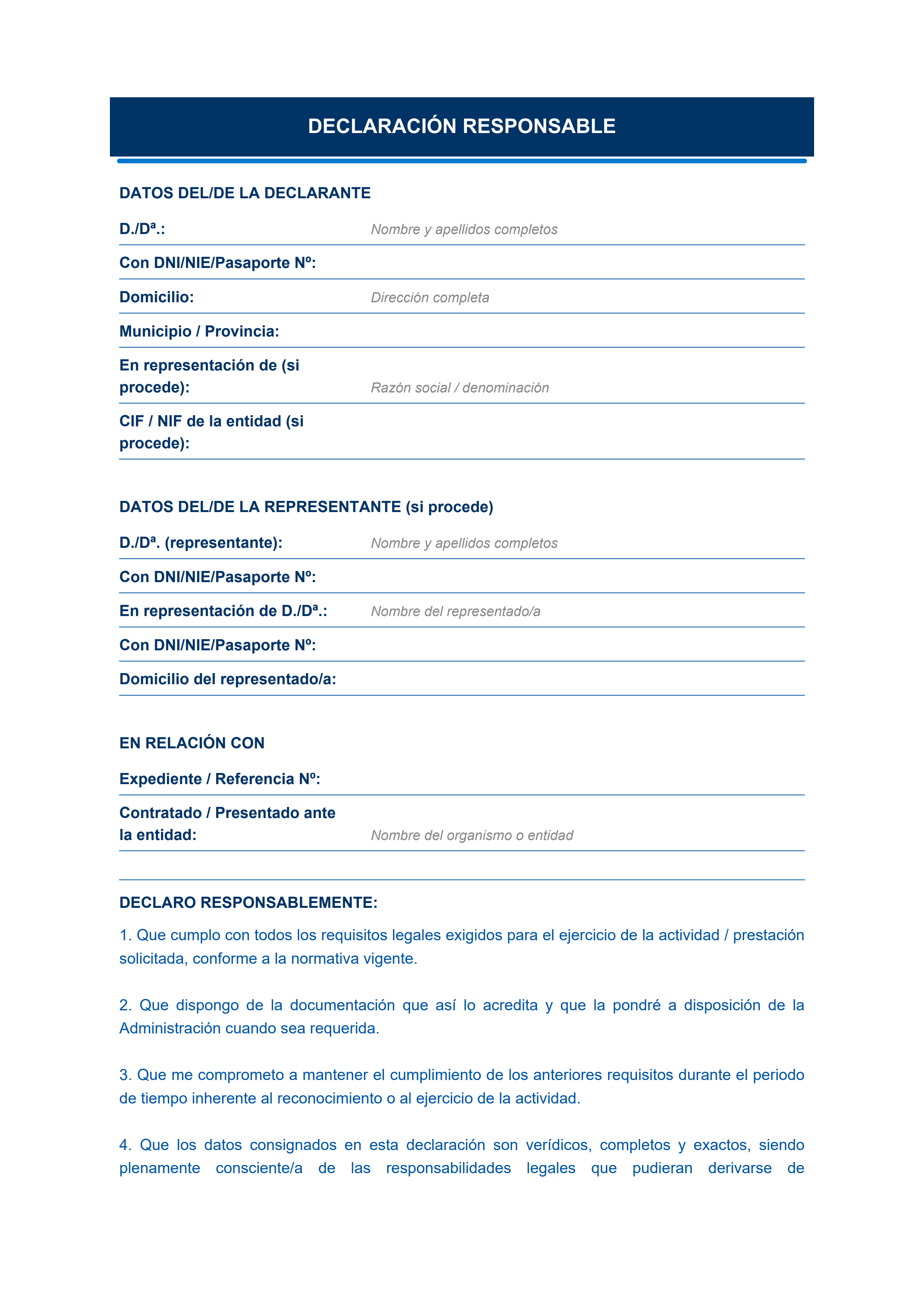 Plantilla declaración responsable diseño moderno azul apta para actividades comerciales y procedimientos administrativos — estiloB