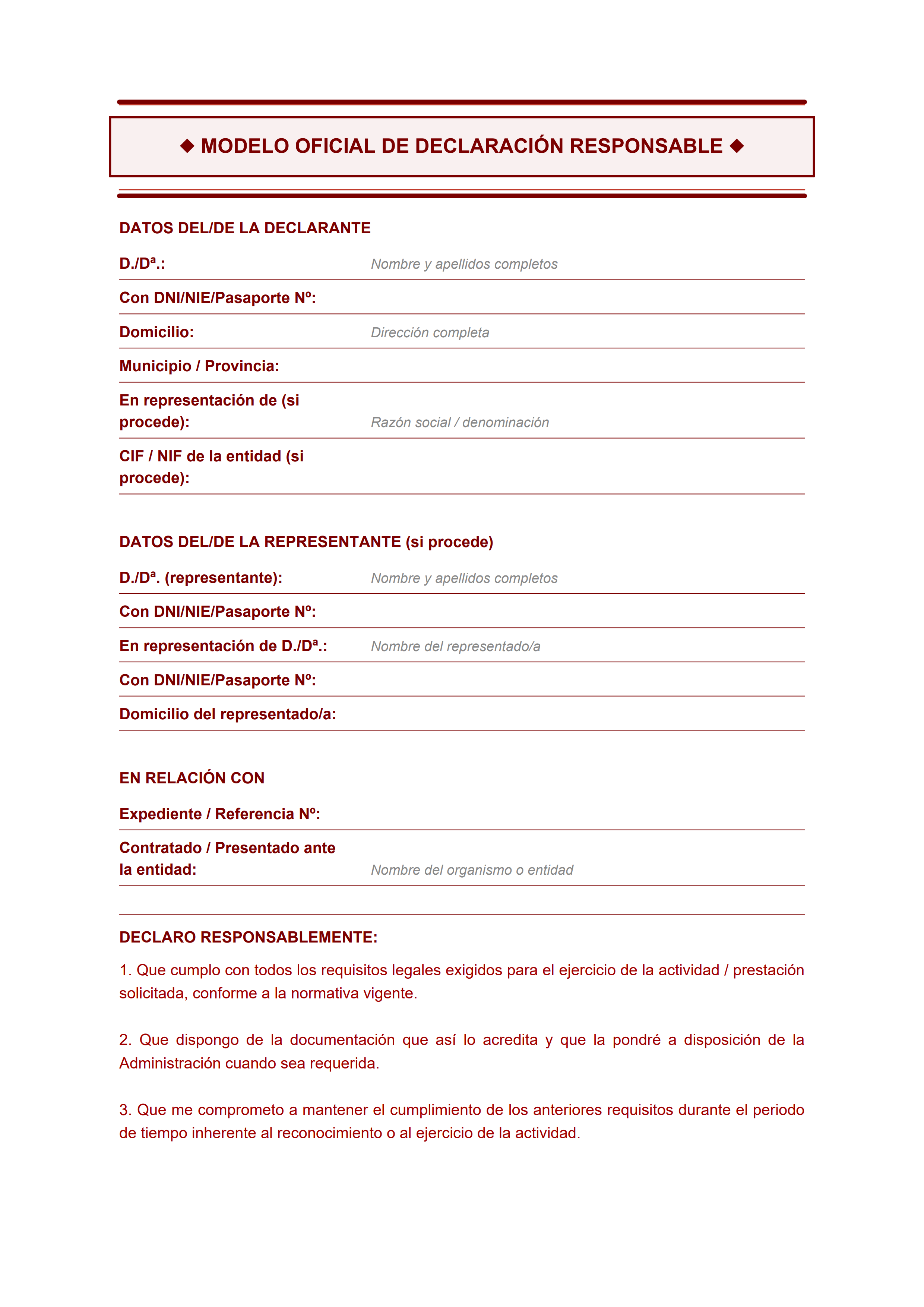 Formulario oficial de declaración responsable con doble borde rojo para Administración Pública y ayuntamientos — estiloC
