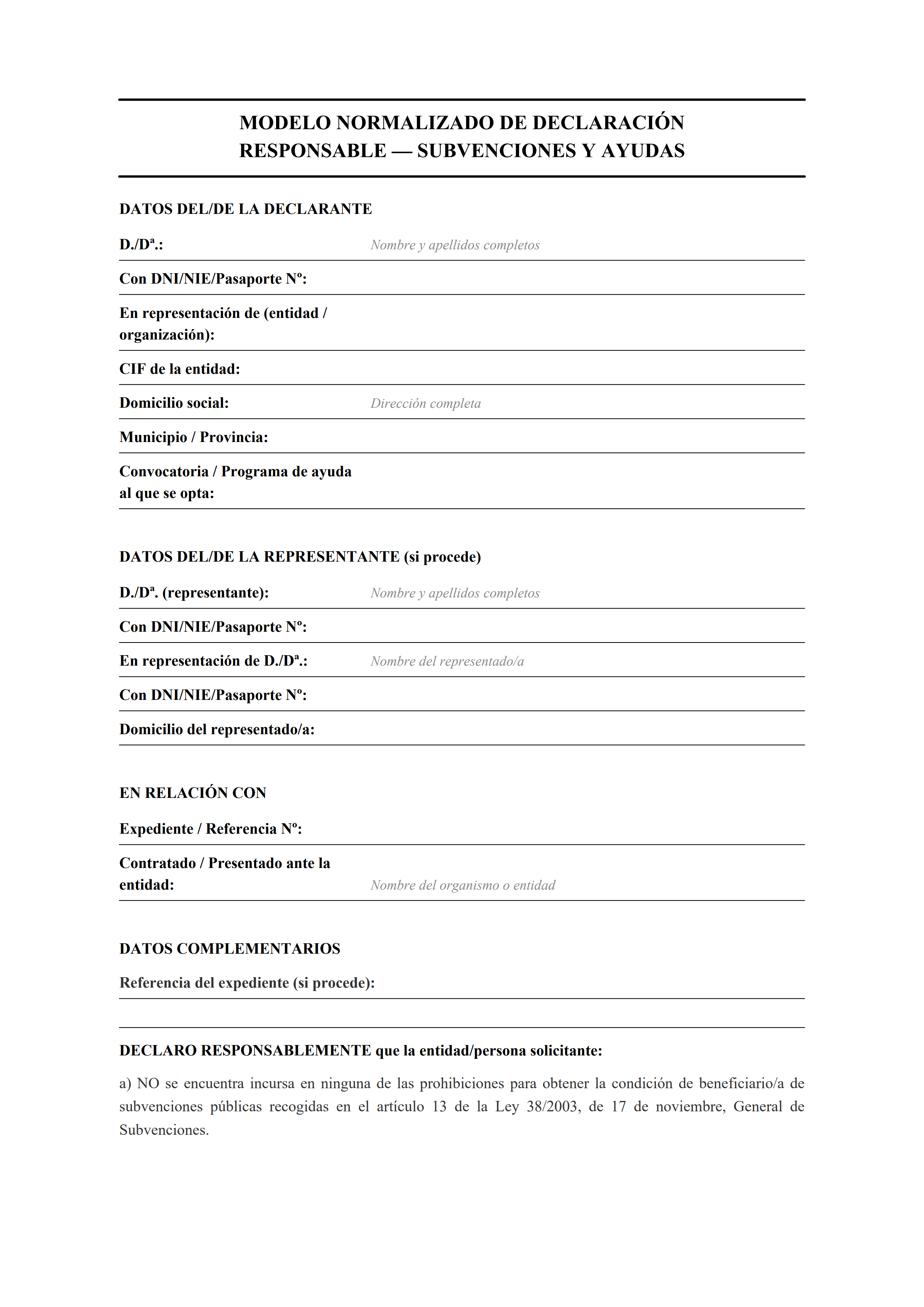 Declaración responsable subvenciones estilo clásico con cláusulas Ley 38/2003 y regla de minimis — estiloA