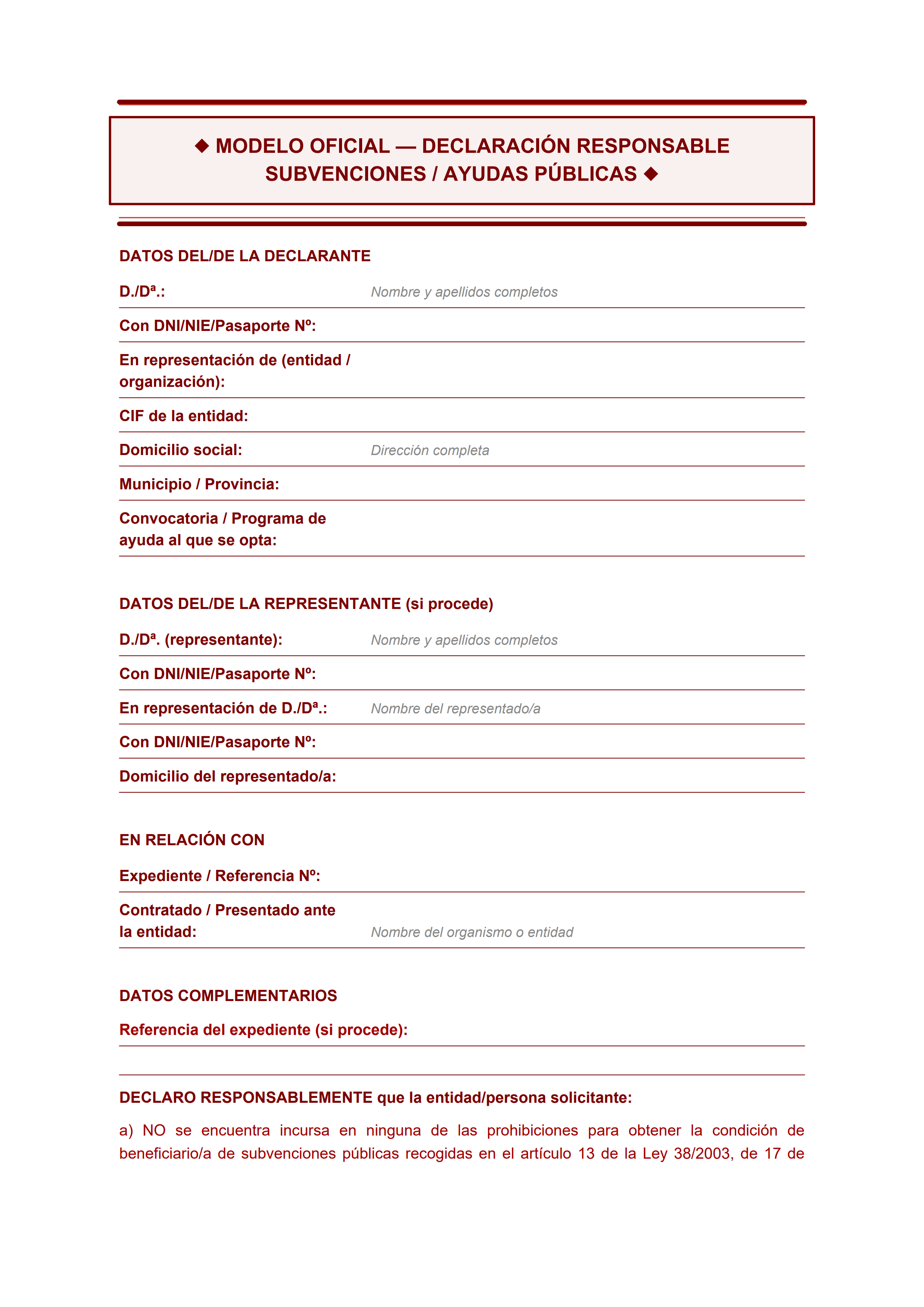Formulario oficial de declaración responsable subvenciones con doble borde para organismos autonómicos y estatales — estiloC
