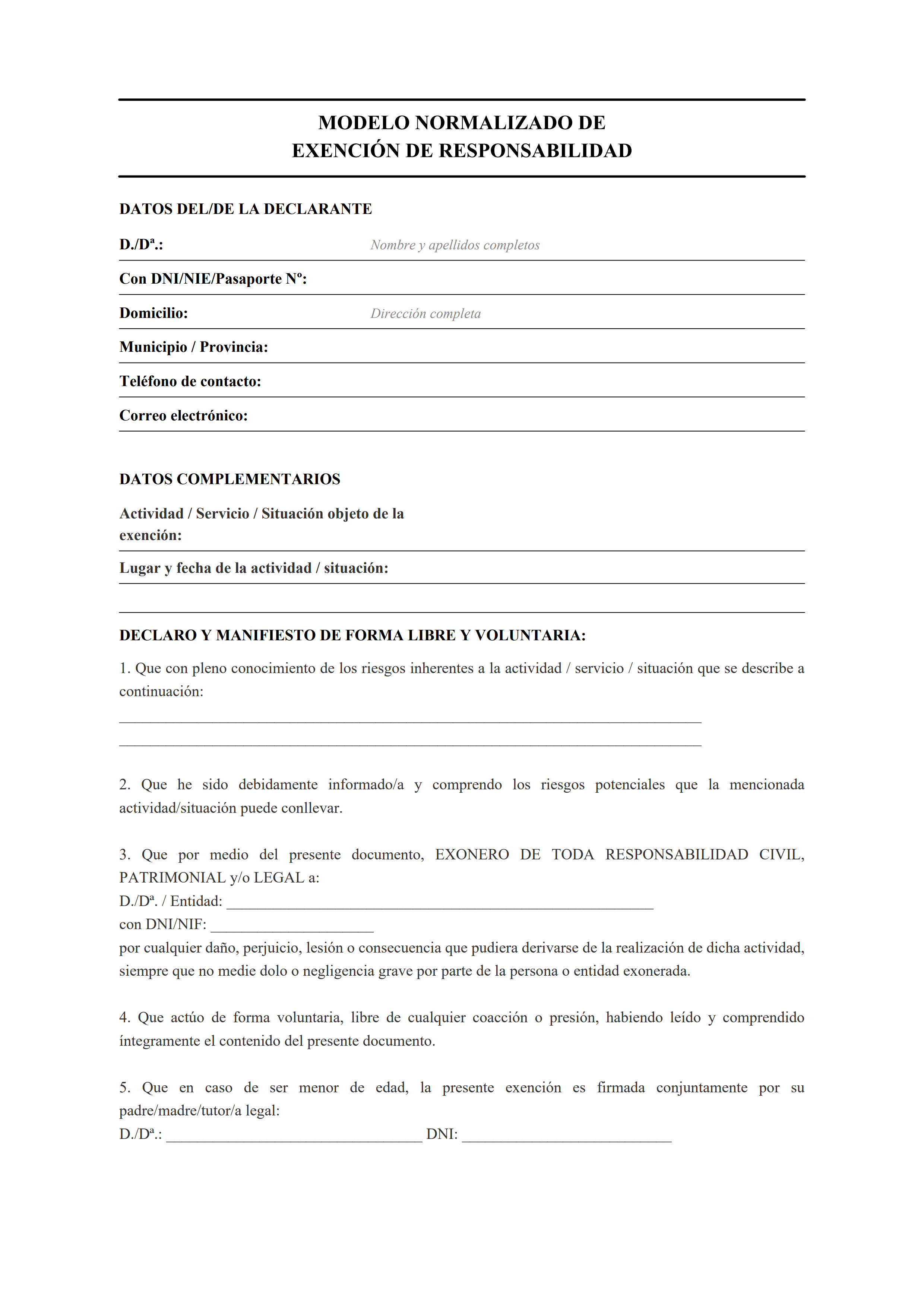 Modelo de exención de responsabilidad estilo clásico con cláusula de conocimiento informado y firma voluntaria — estiloA