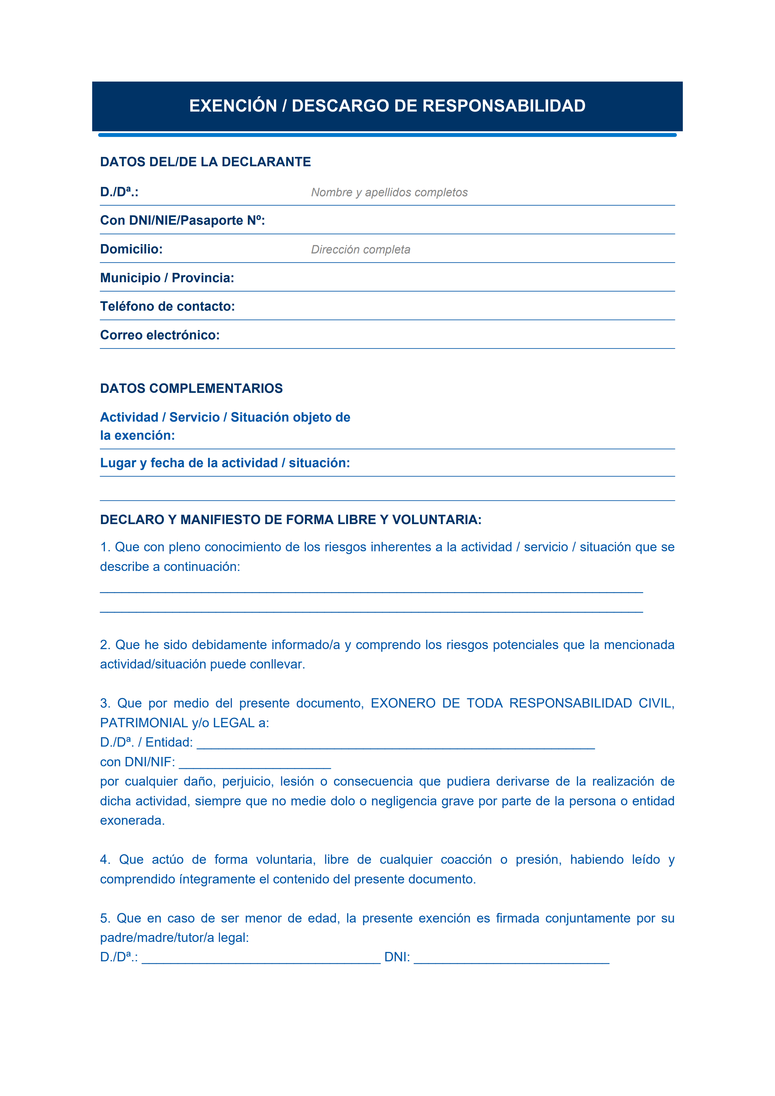 Plantilla de exención de responsabilidad diseño moderno azul para actividades deportivas y de ocio — estiloB