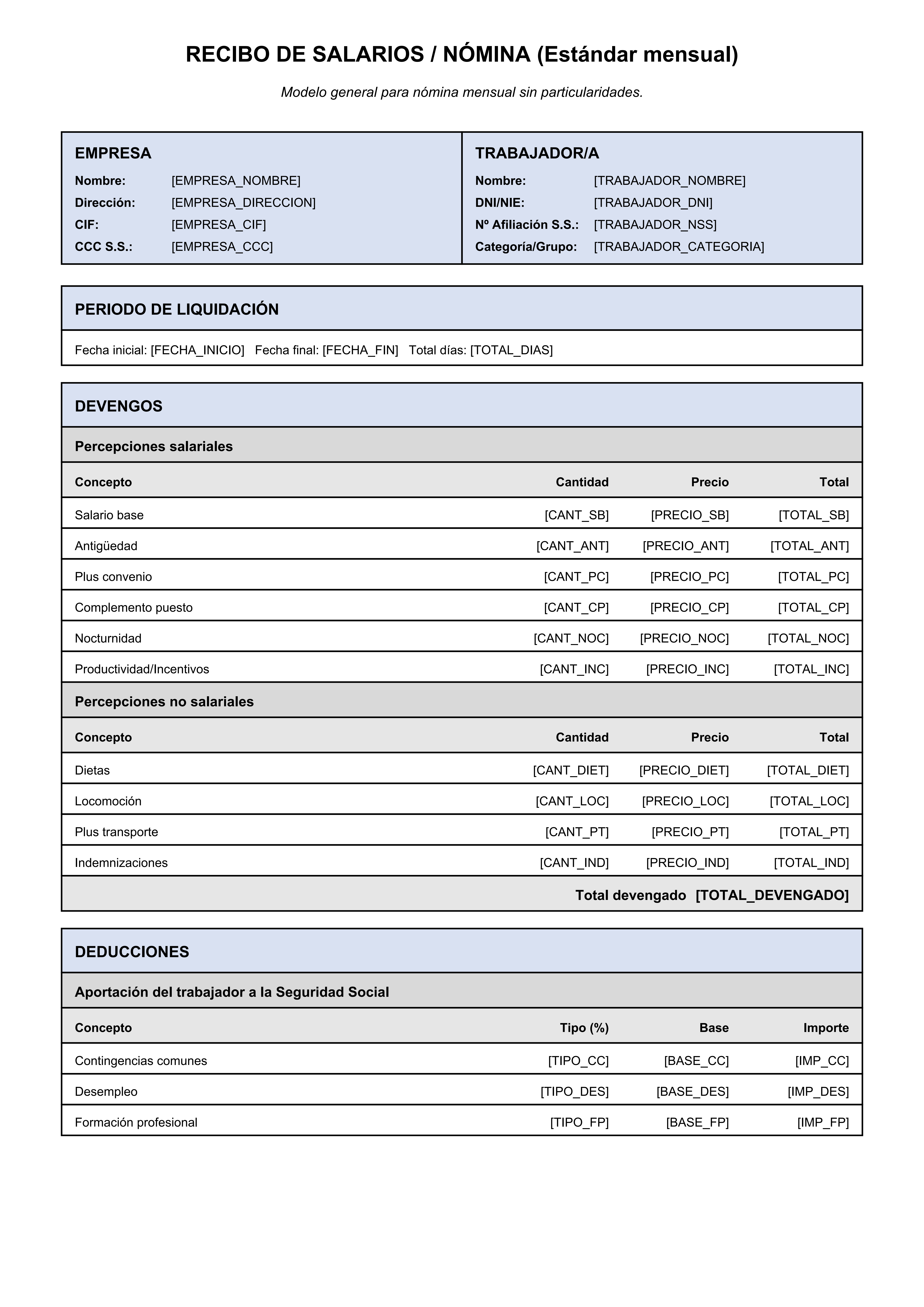 Nómina mensual típica con devengos/deducciones y bases