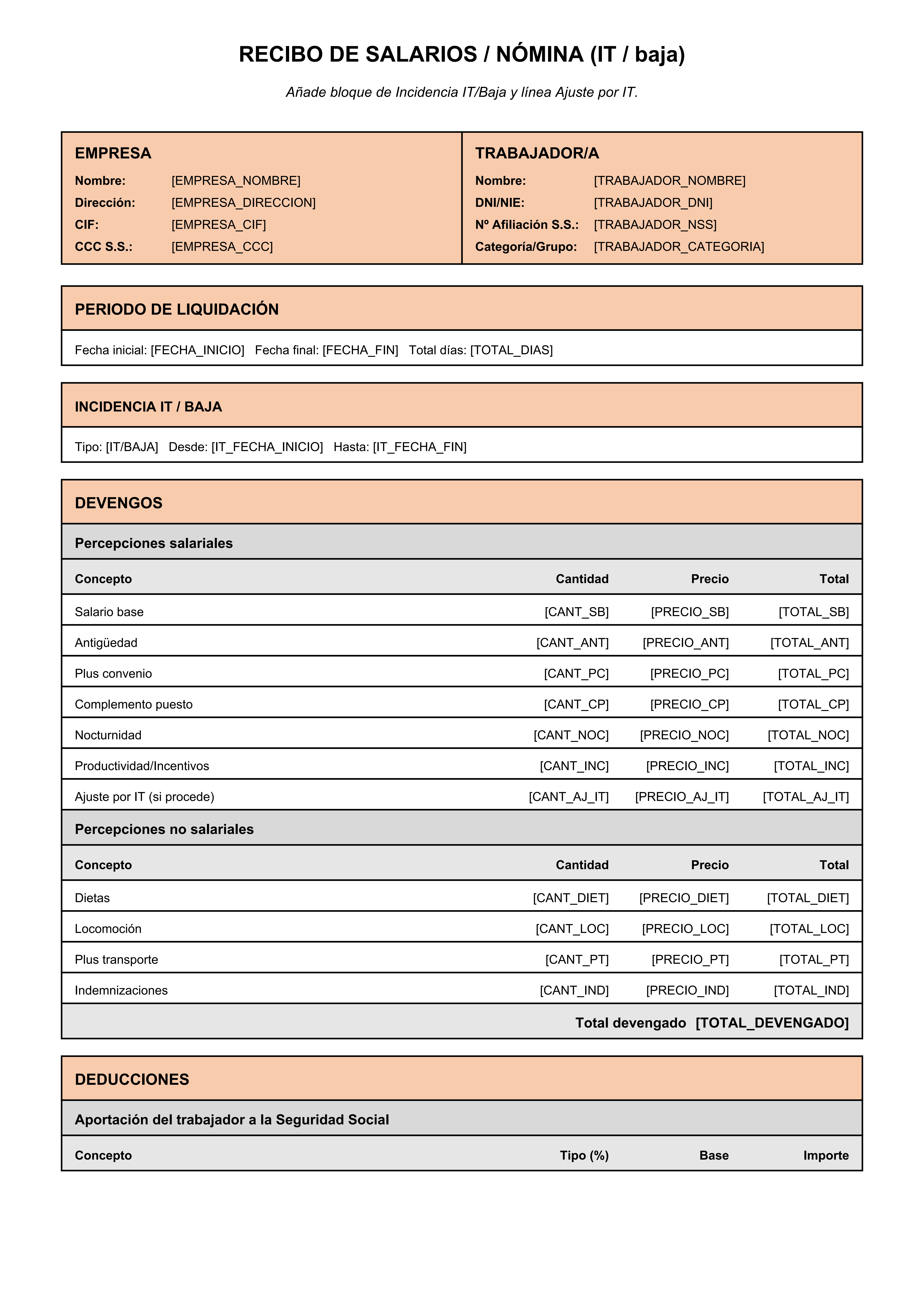 Para nómina con IT/baja (incluye incidencia y ajuste)