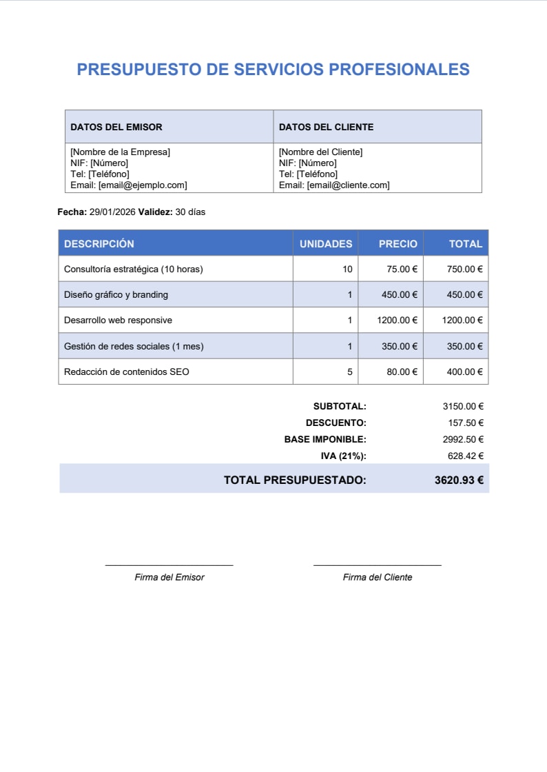 Plantilla presupuesto Excel autónomos servicios diseño azul